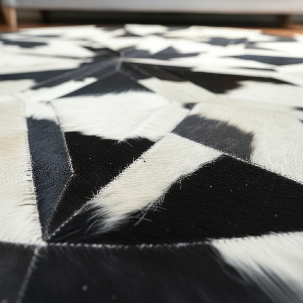 Black White Round Cowhide Rug, Patchwork Leather Circle Rug, Modern Cowhide Carpet for Home Décor