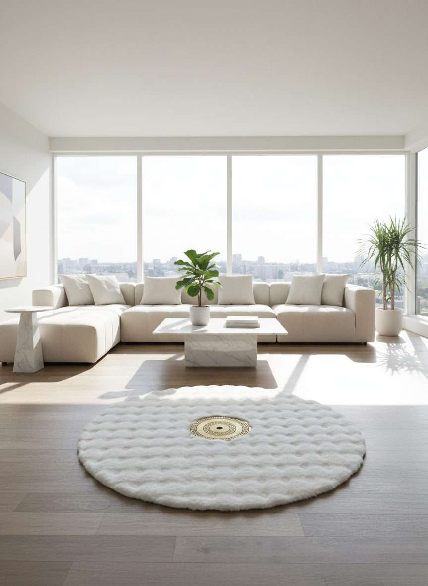 White Round Plush Rug, Luxury Soft Round Area Rug, Living Room Decor, Gold Center Detail