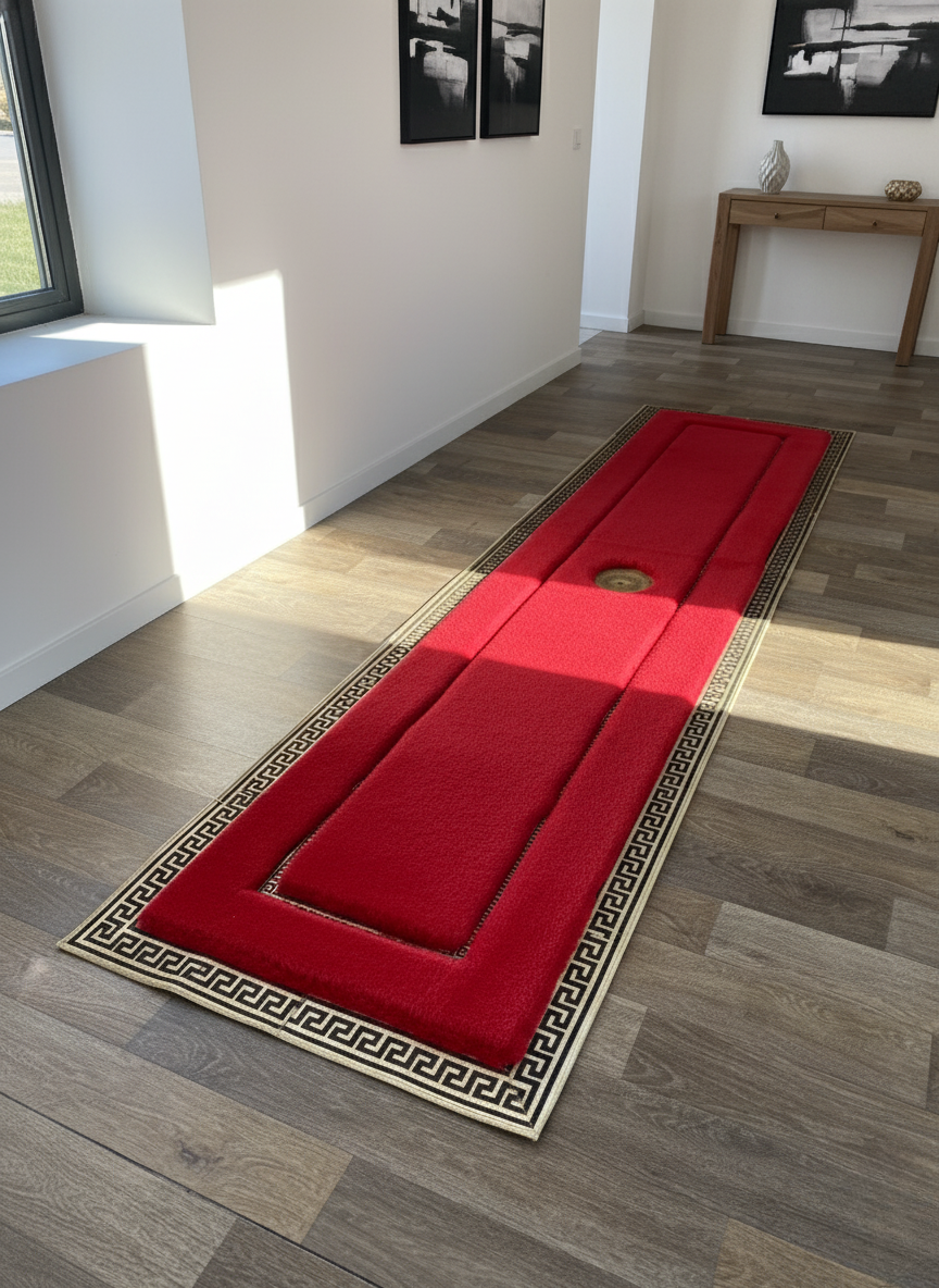 Red Plush Runner Rug – Gold Accent Detailing, Ultra-Soft Texture, Non-Slip Backing, Custom Sizes Available