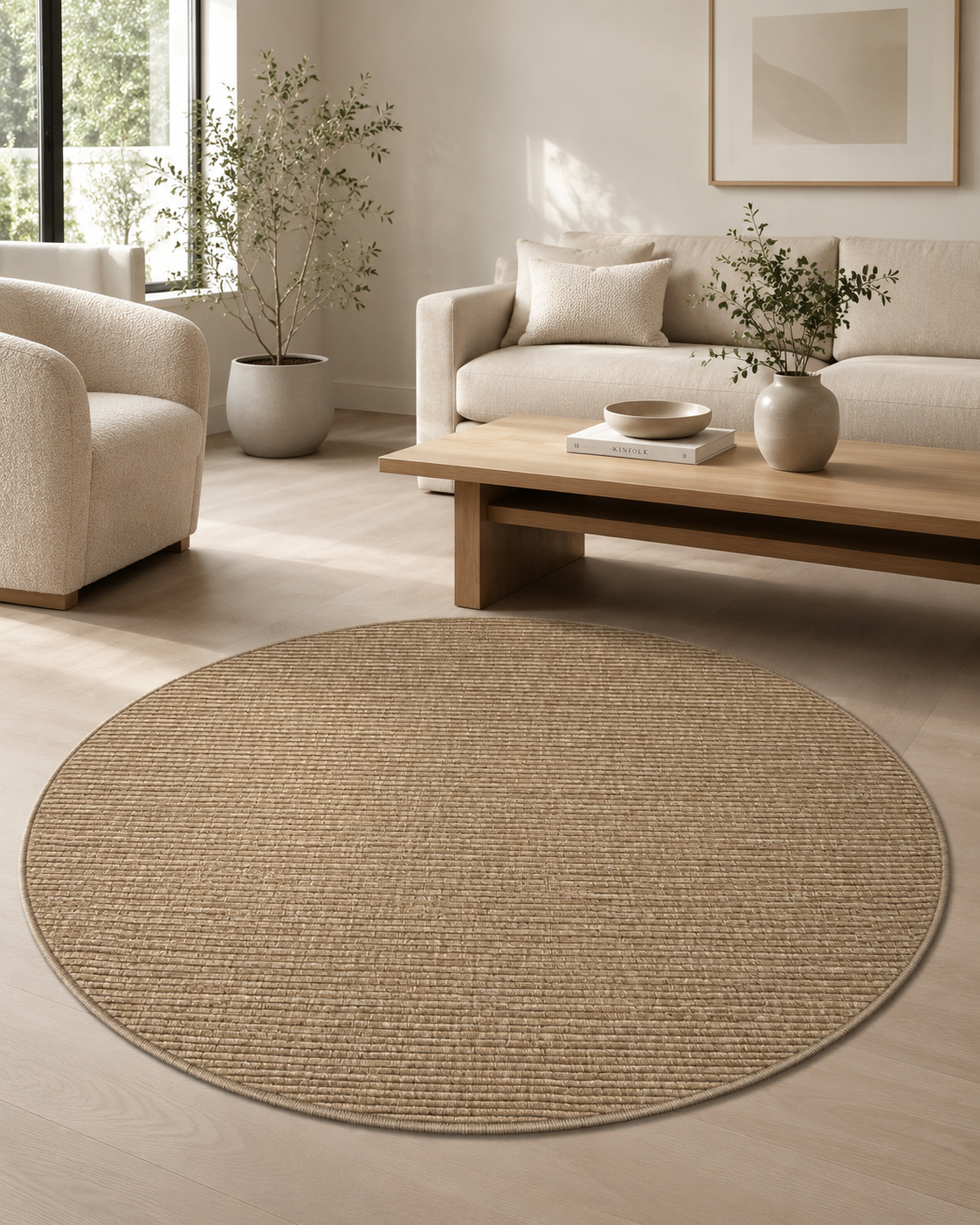 Round Jute-Style Beige Area Rug, Minimalist Woven Living Room Carpet (5.2x5.2FT)