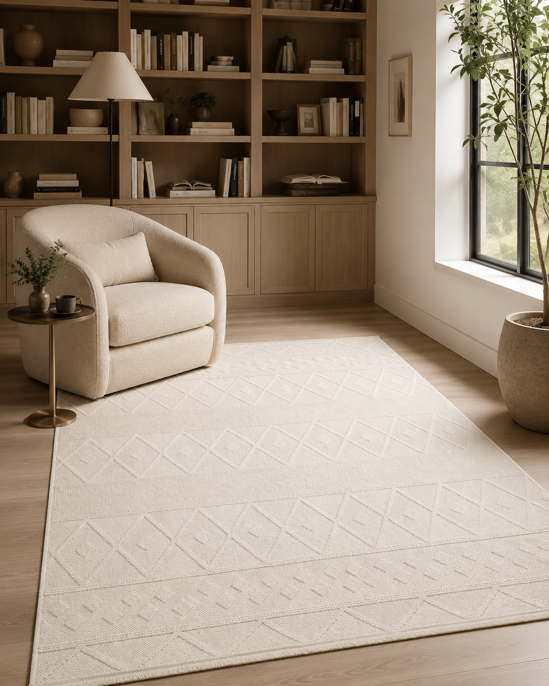 Cream Geometric Textured Area Rug, Boho Scandinavian Living Room Carpet