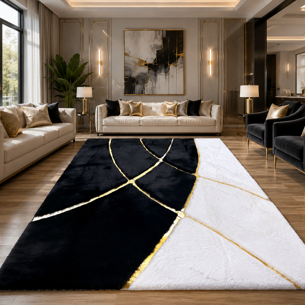 Black plush art deco rug in room