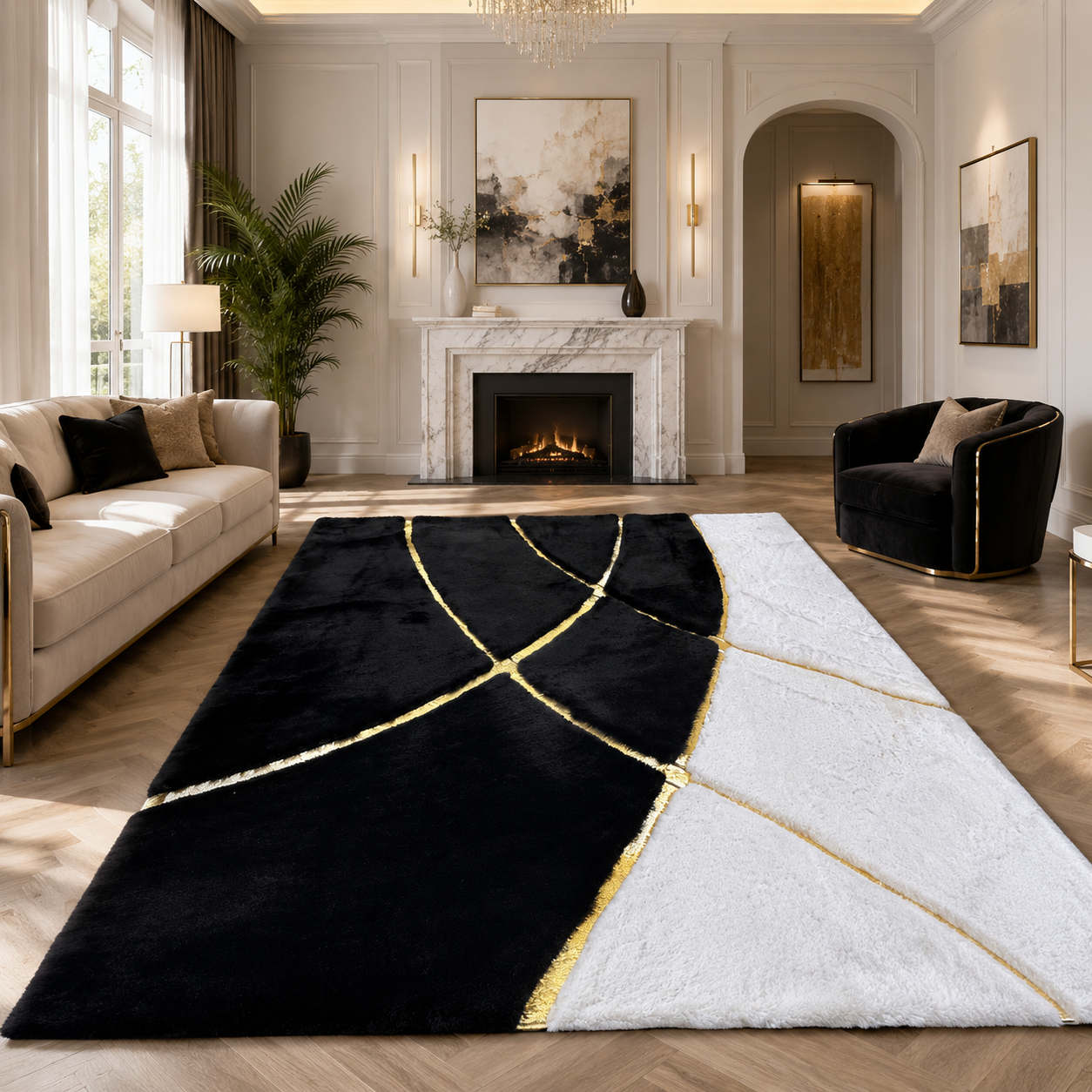 Black Plush Rug, Gold Geometric Art Deco Carpet