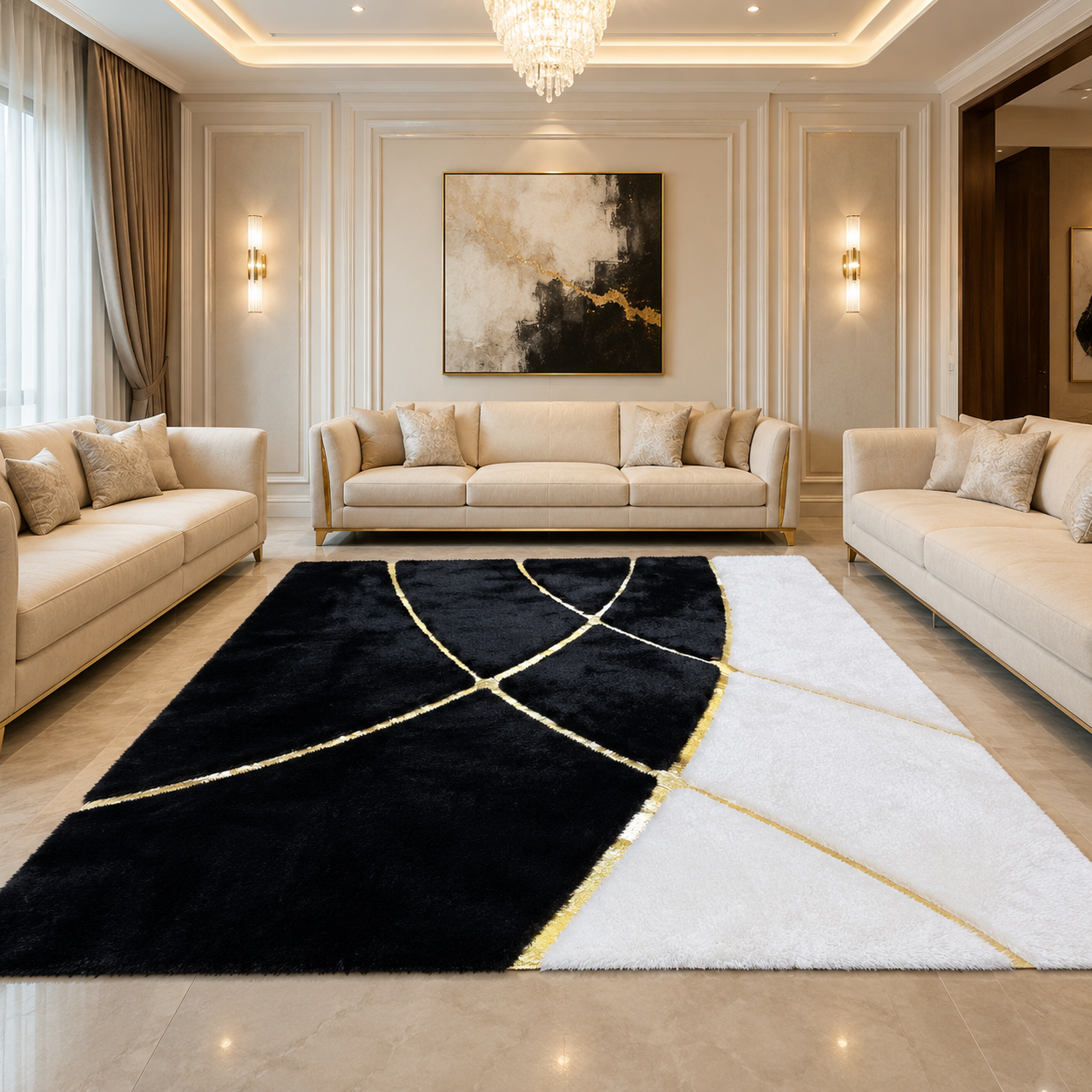 Black plush art deco rug detail