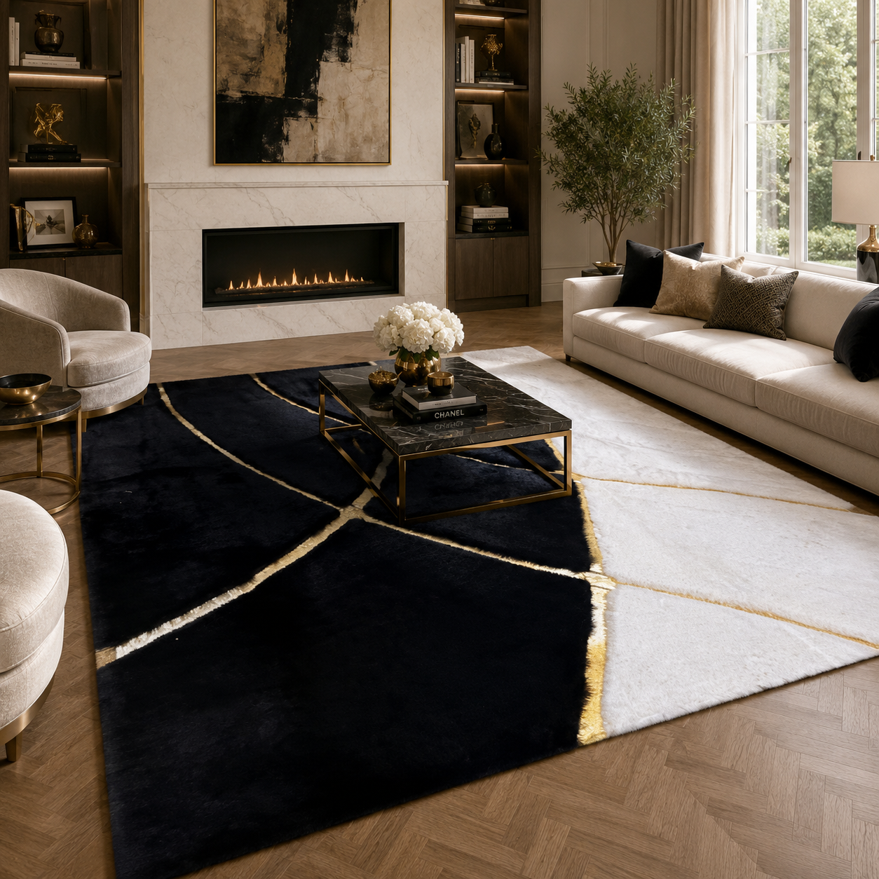 Black plush art deco rug view