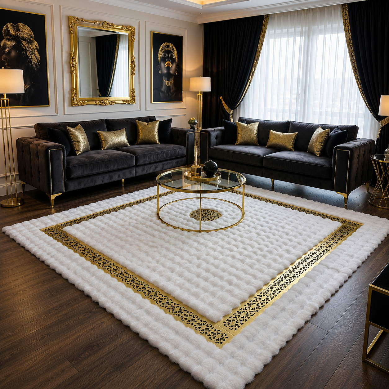 Luxury White Plush Rug Gold Border | Fluffy Area Rug Gold Medallion | Off White Living Room Rug | Glam Fur Rug Gold Detail Large