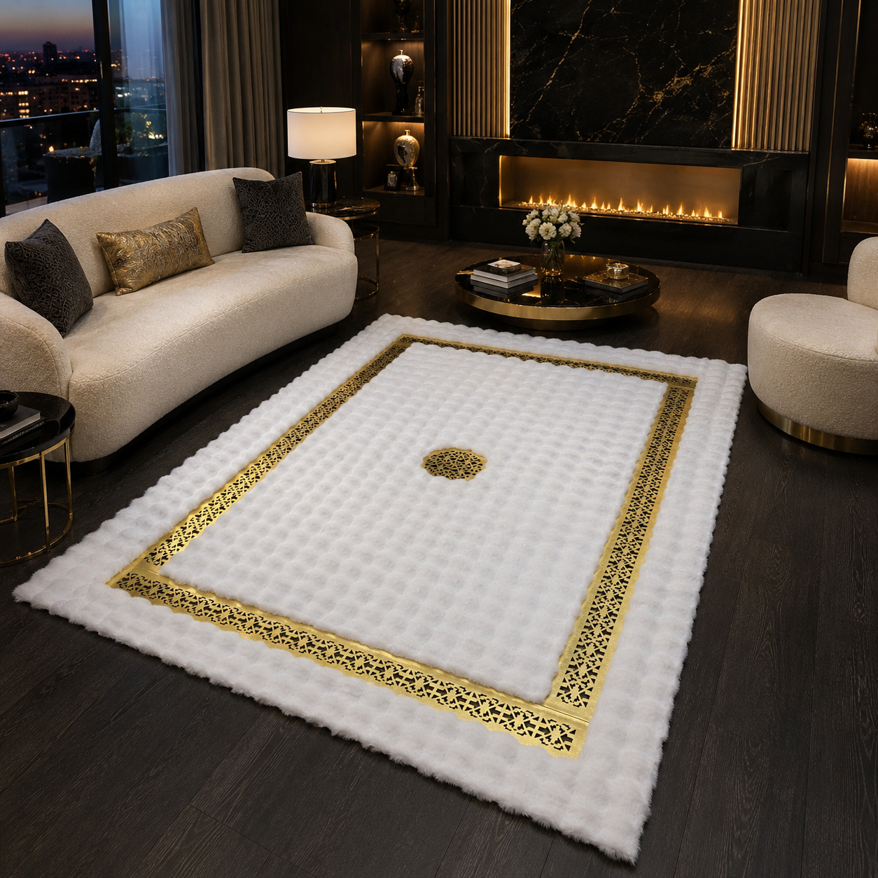 Luxury White Plush Rug Gold Border | Fluffy Area Rug Gold Medallion | Off White Living Room Rug | Glam Fur Rug Gold Detail Large