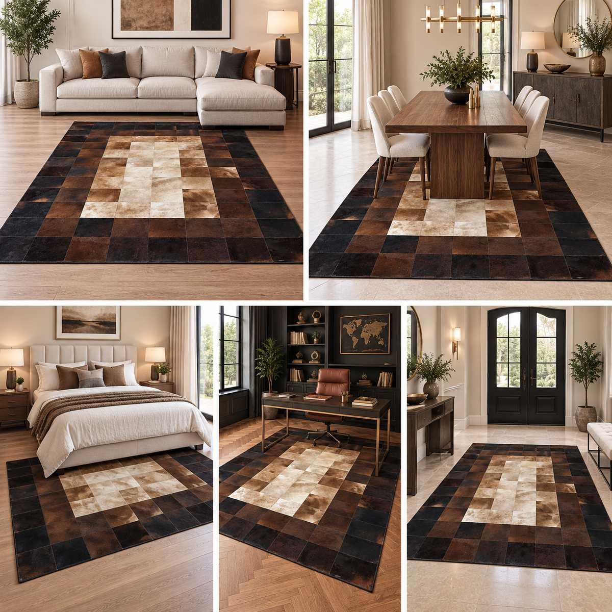 Brown and White Cowhide Rug Custom Size Available