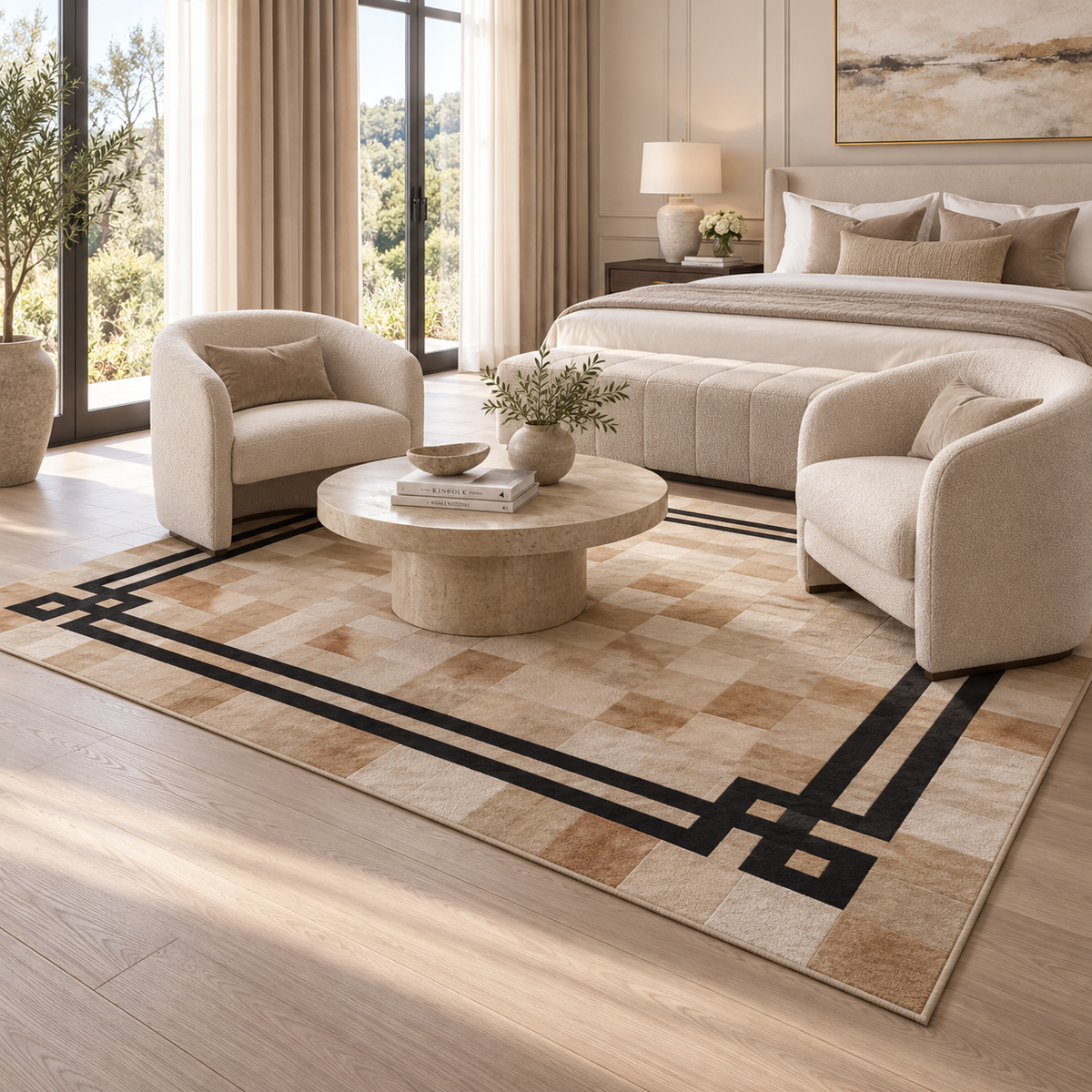 Beige Cowhide Rug, Black Geometric Border Area Rug, Tan Patchwork Carpet