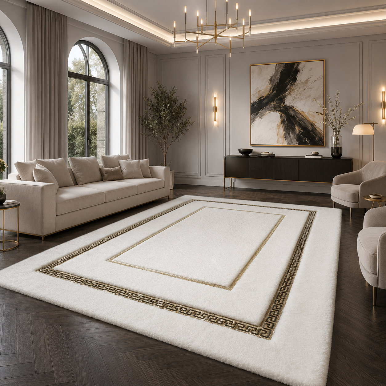 White Plush Rug, Gold Geometric Border Area Rug