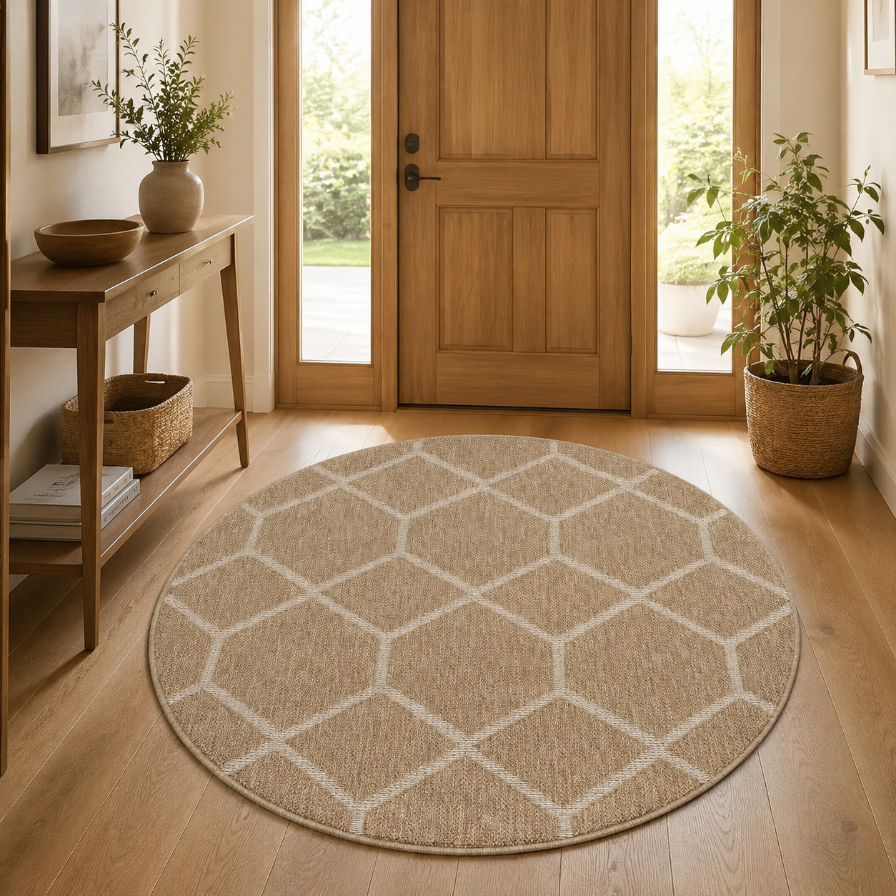 Round Beige Honeycomb Geometric Area Rug, Neutral Living Room Carpet (5.2x5.2 FT)