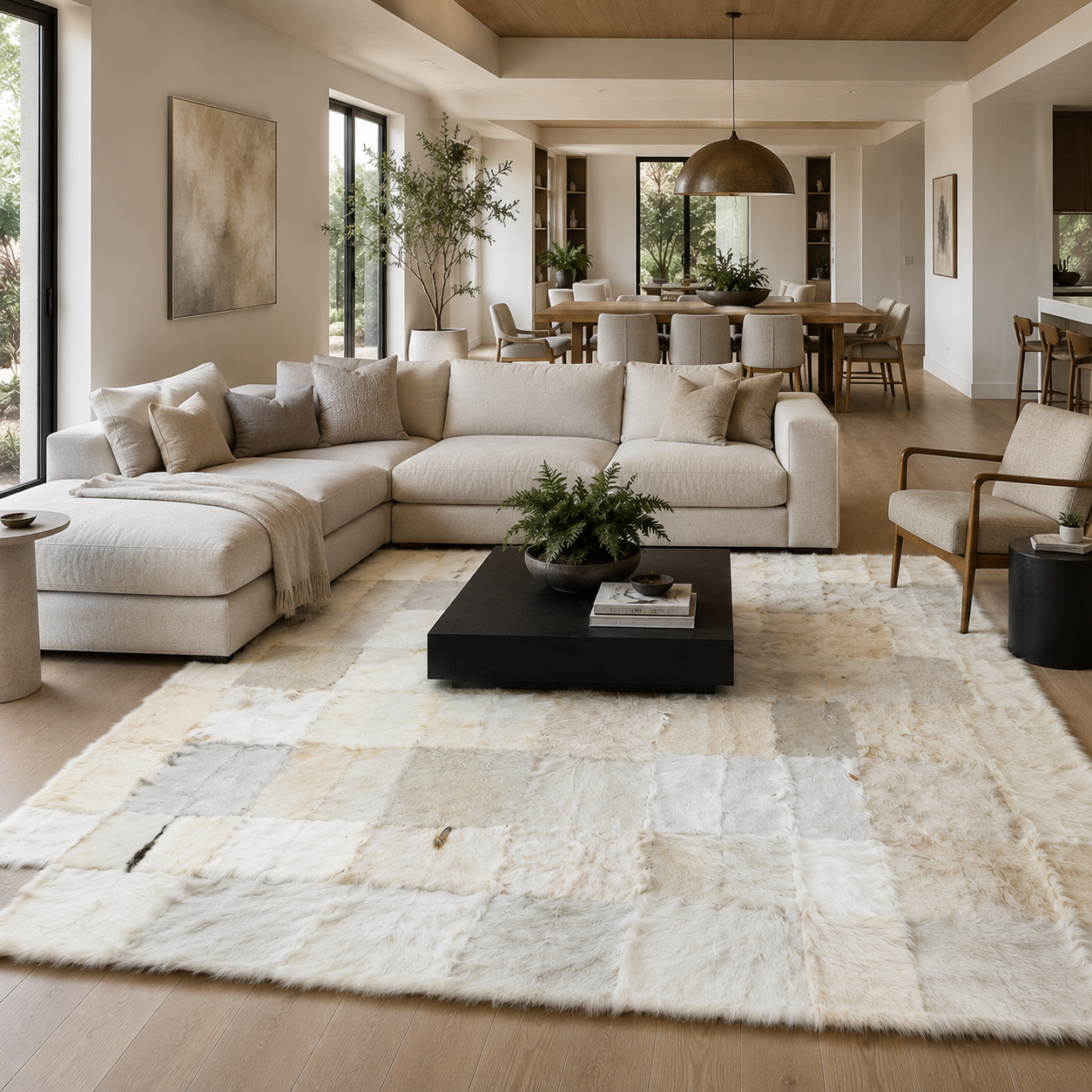 White Beige Patchwor Goatskin Rug – Soft Handmade  Carpet