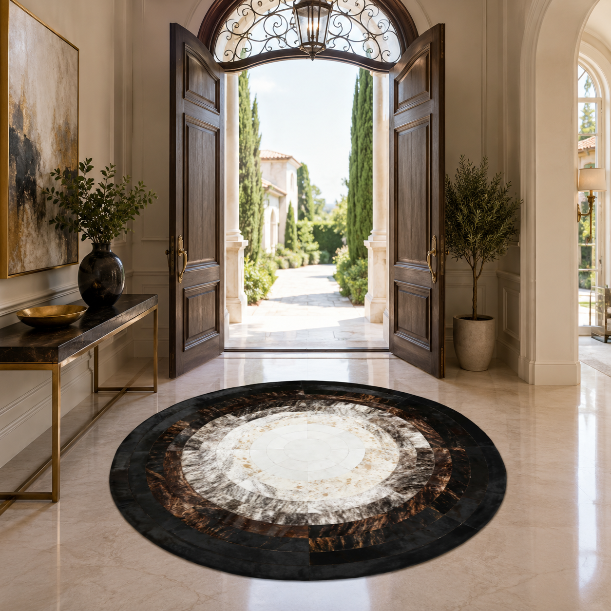 Round Brown and White Cowhide Rug, Handmade Patchwork Leather Carpet