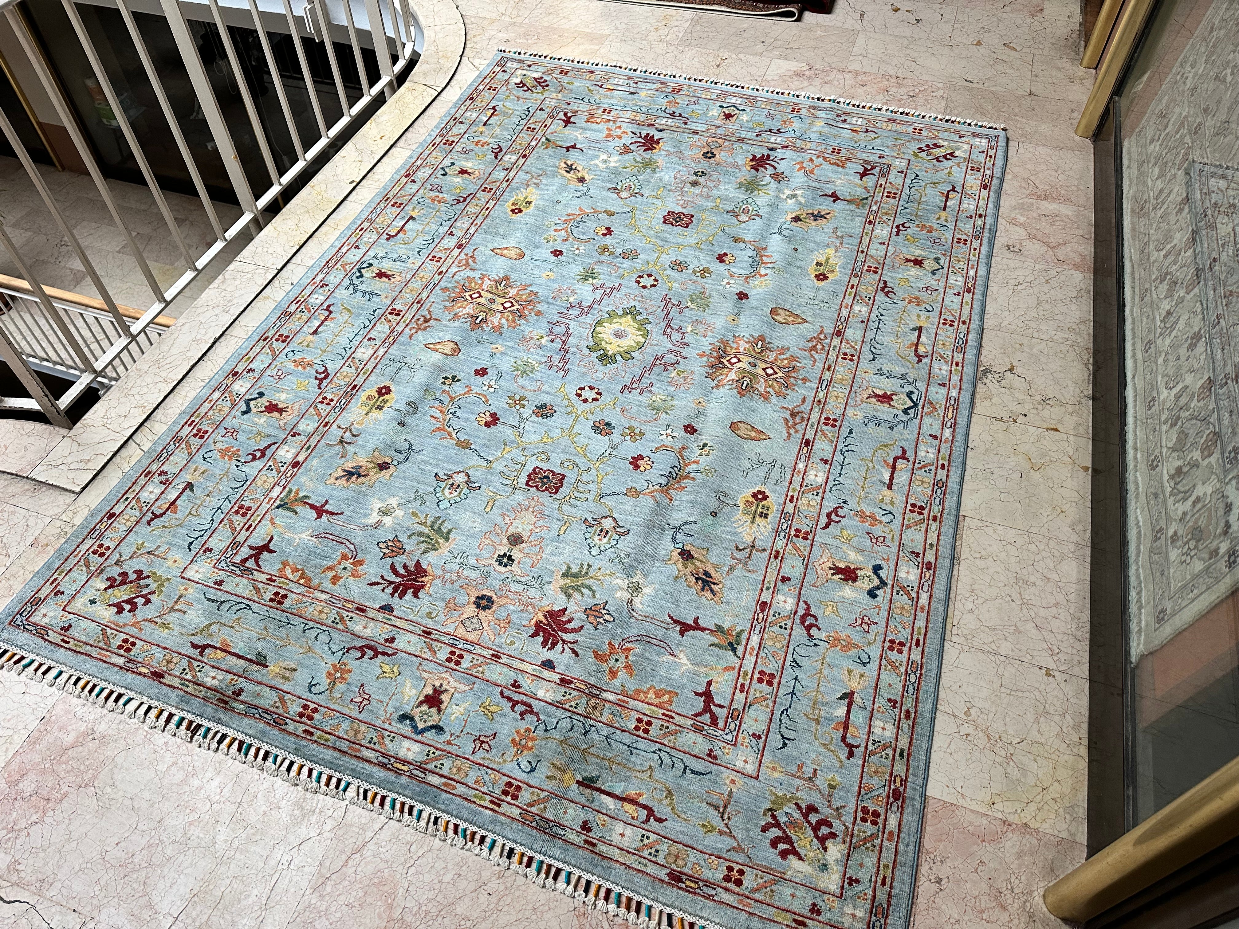Turkish Sultani Rug – Hand-Knotted Wool Carpet 243x174cm (8x5.7ft) on Cotton Foundation, Light Turquoise Floral Oriental One of a Kind