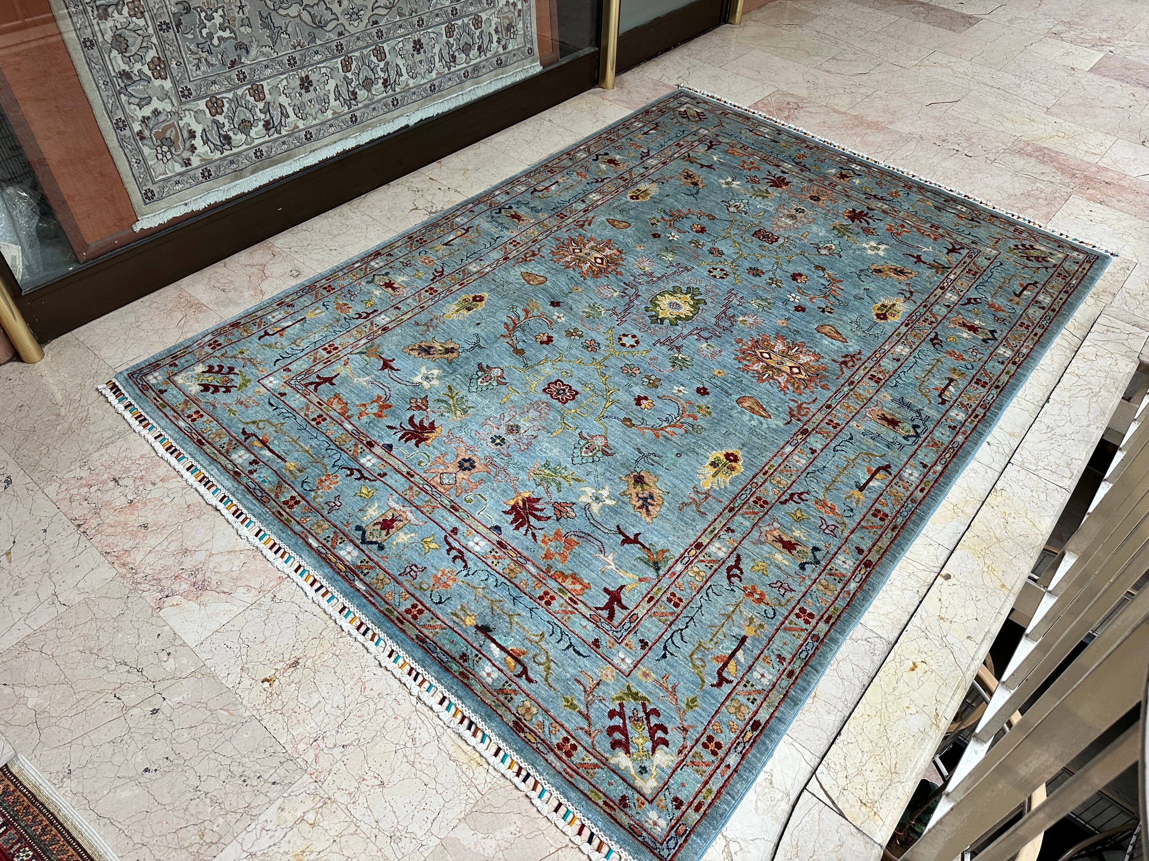 Turkish Sultani Rug – Hand-Knotted Wool Carpet 243x174cm (8x5.7ft) on Cotton Foundation, Light Turquoise Floral Oriental One of a Kind