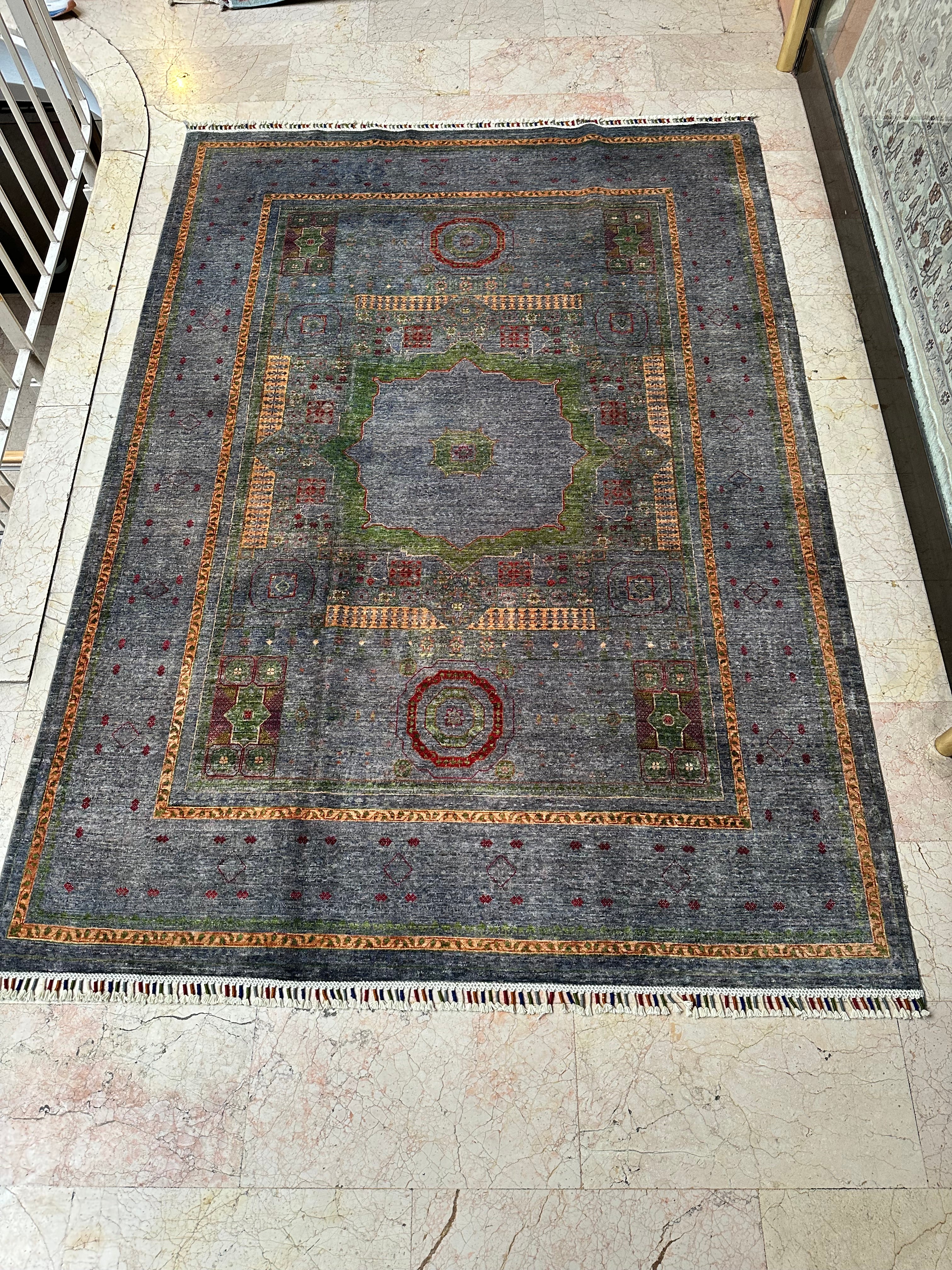 Turkish Mumluk Rug – Hand-Knotted Wool Carpet 250x180cm (8.2x5.9ft) on Cotton Foundation, Gray & Green Geometric Oriental One of a Kind