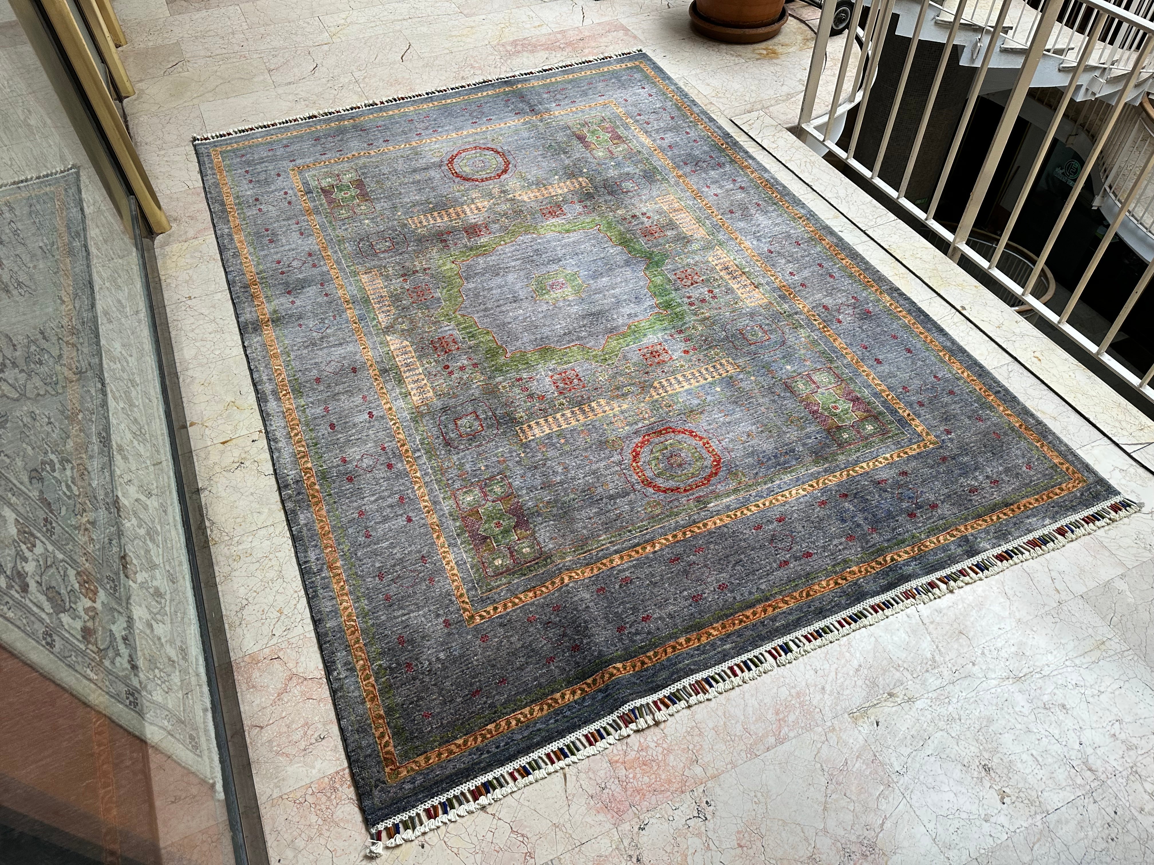 Turkish Mumluk Rug – Hand-Knotted Wool Carpet 250x180cm (8.2x5.9ft) on Cotton Foundation, Gray & Green Geometric Oriental One of a Kind
