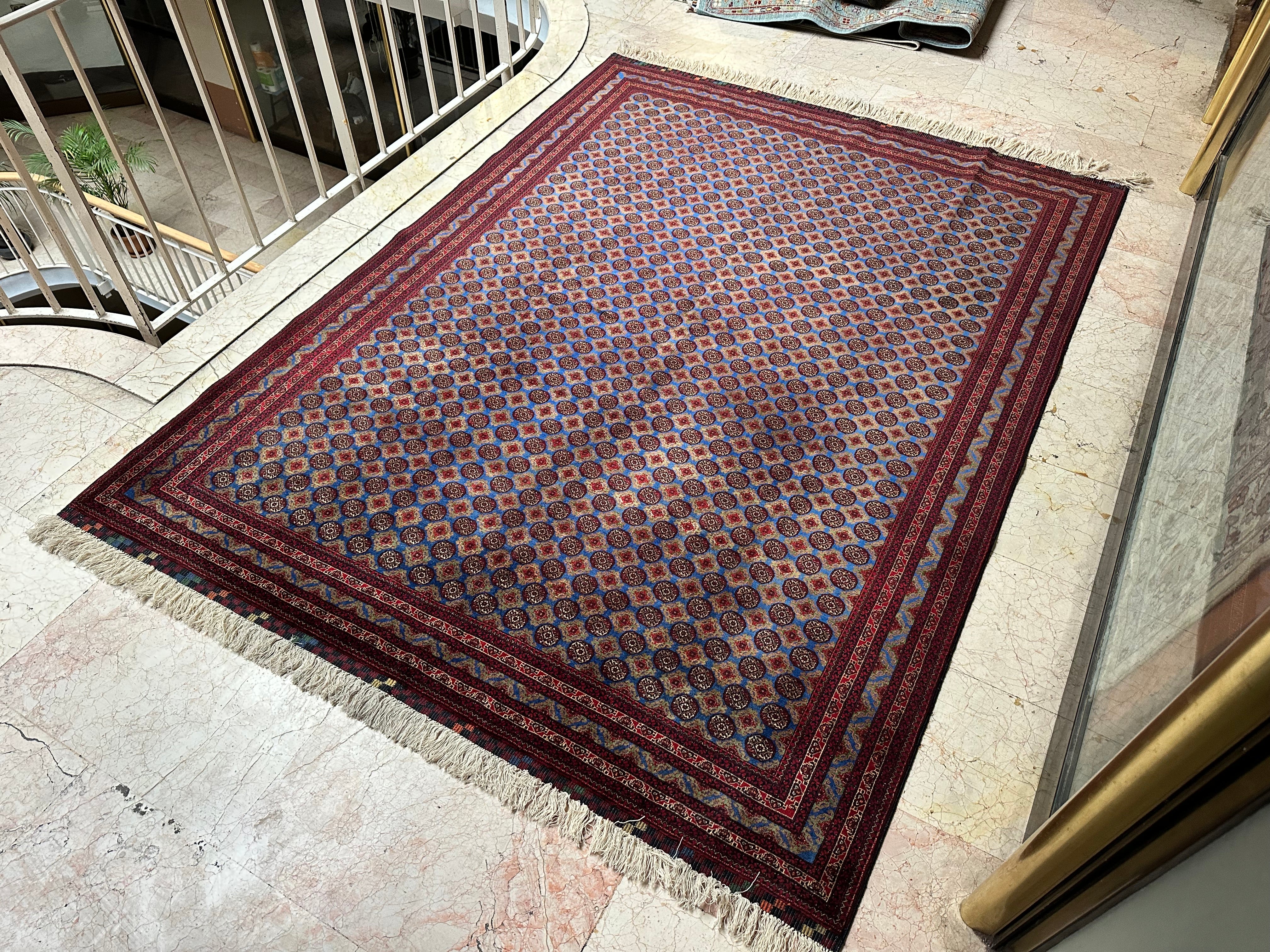 Turkish Hoca Roshnaï Rug – Hand-Knotted Wool Carpet 235x177cm (7.7x5.8ft), Red & Blue Geometric Bokhara-Style Oriental One of a Kind