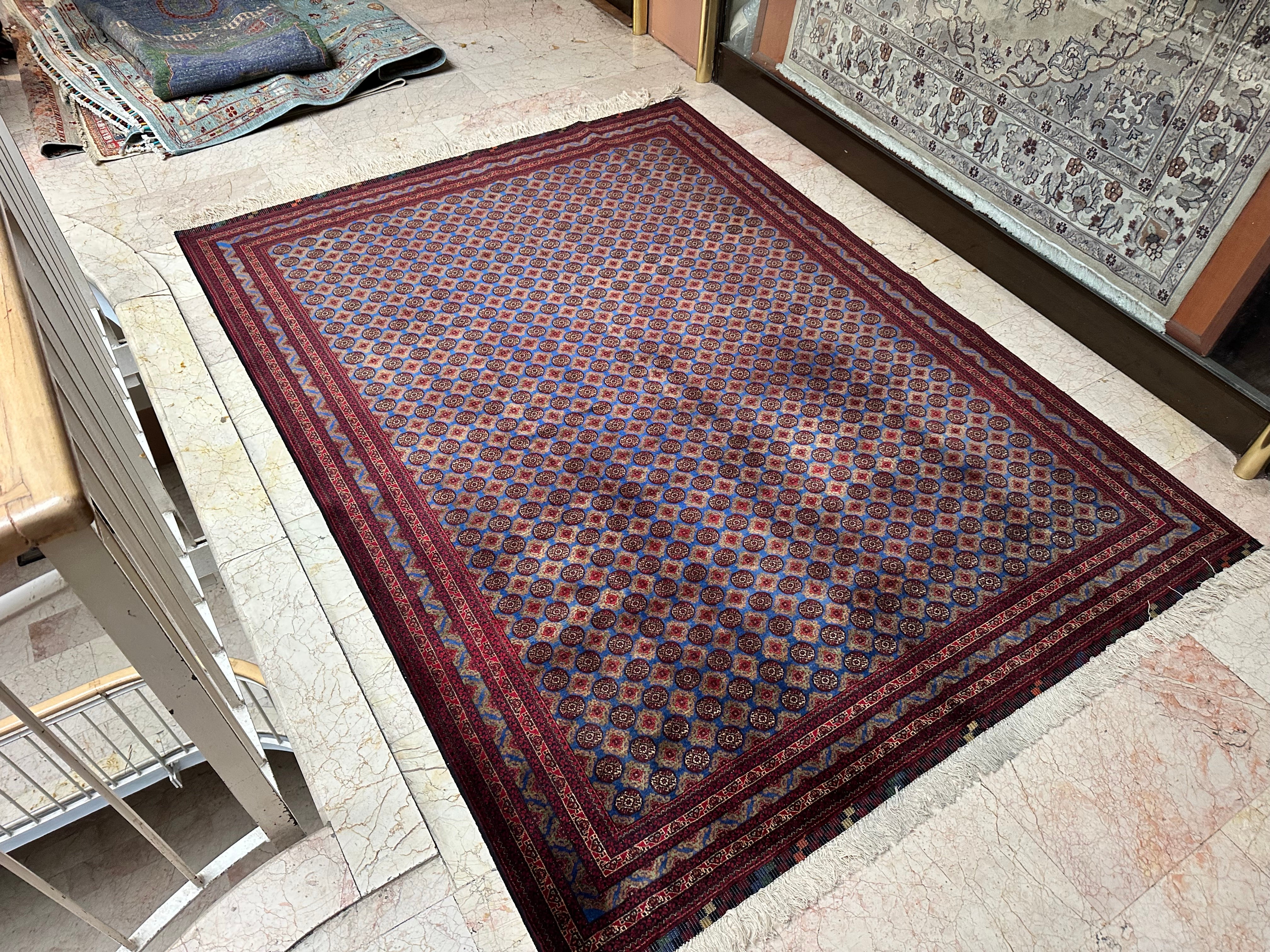 Turkish Hoca Roshnaï Rug – Hand-Knotted Wool Carpet 235x177cm (7.7x5.8ft), Red & Blue Geometric Bokhara-Style Oriental One of a Kind