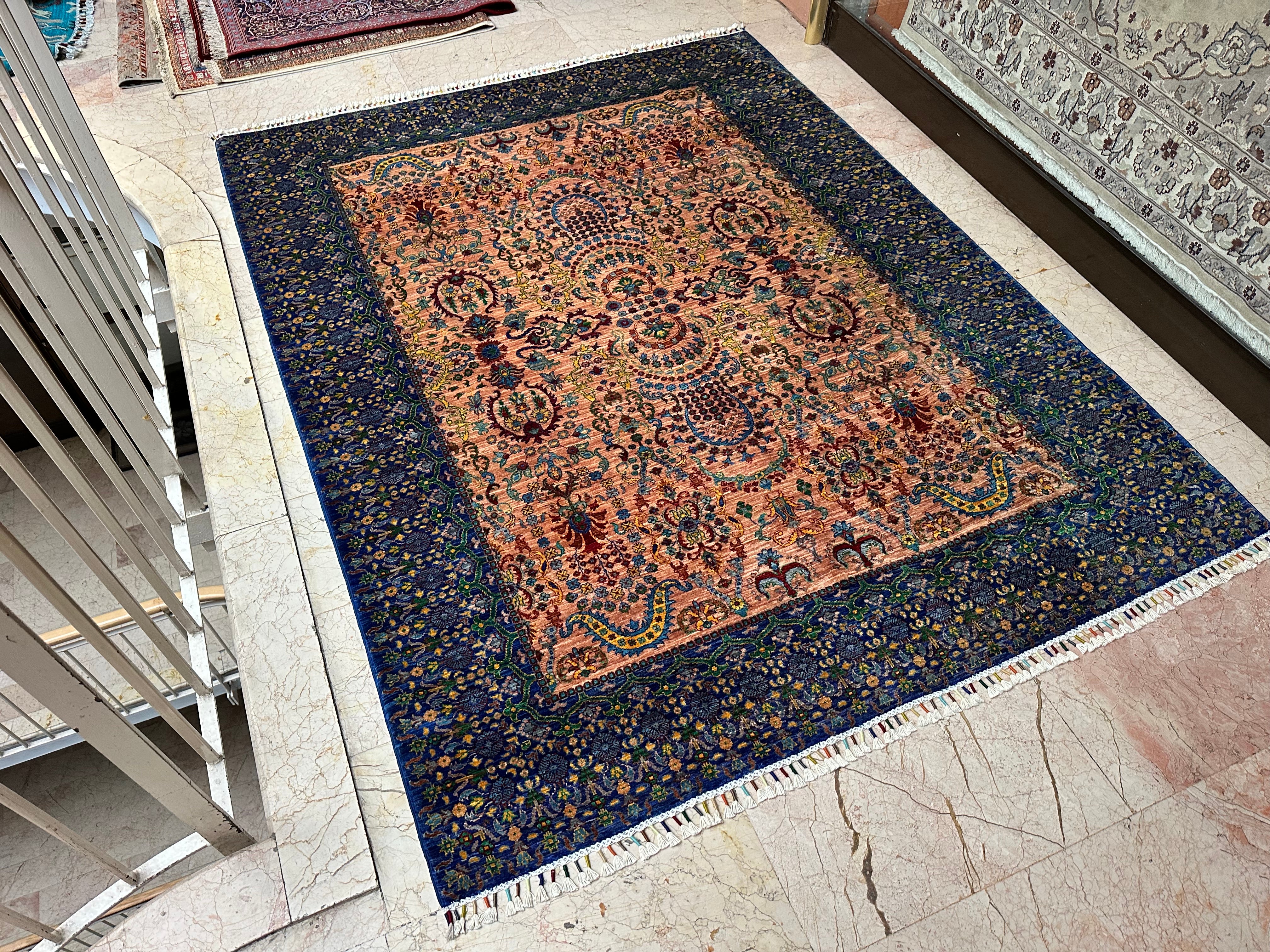 Oriental Floral Rug – Hand-Knotted Wool Carpet 234x183cm (7.7x6ft) with Navy Blue Border, Persian-Style One of a Kind