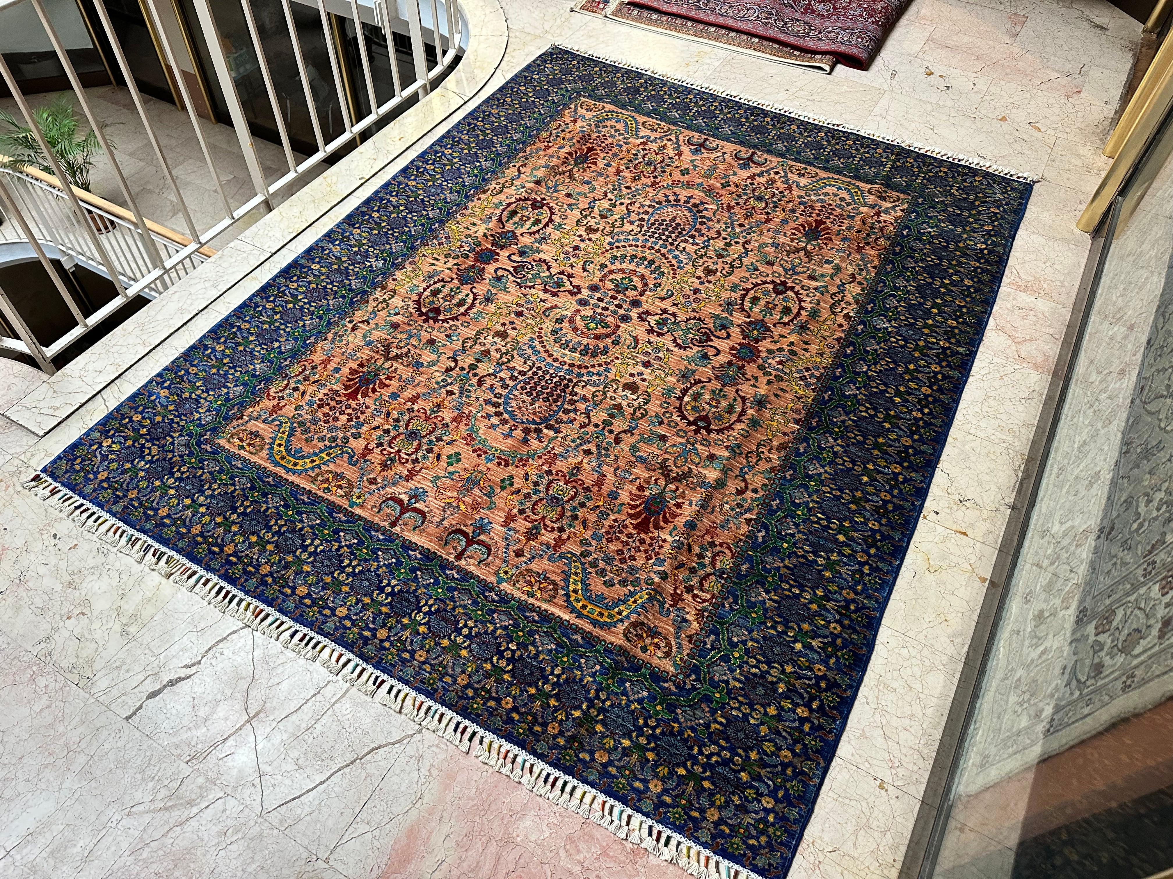 Oriental Floral Rug – Hand-Knotted Wool Carpet 234x183cm (7.7x6ft) with Navy Blue Border, Persian-Style One of a Kind