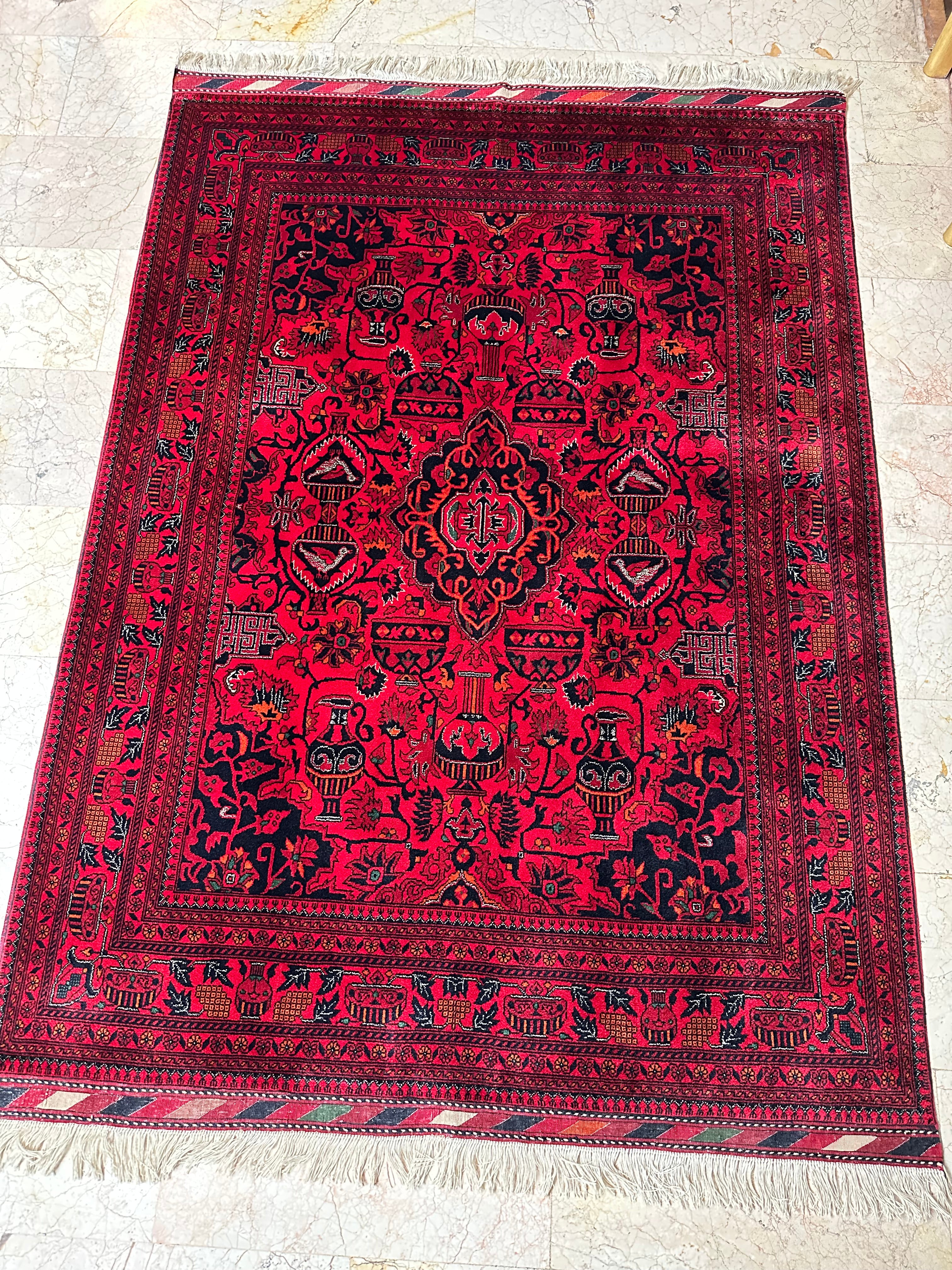 Afghan Bilicik Rug – Hand-Knotted Wool Carpet 202x151cm (6.6x5ft), Red Geometric Zirikhaki Design One of a Kind