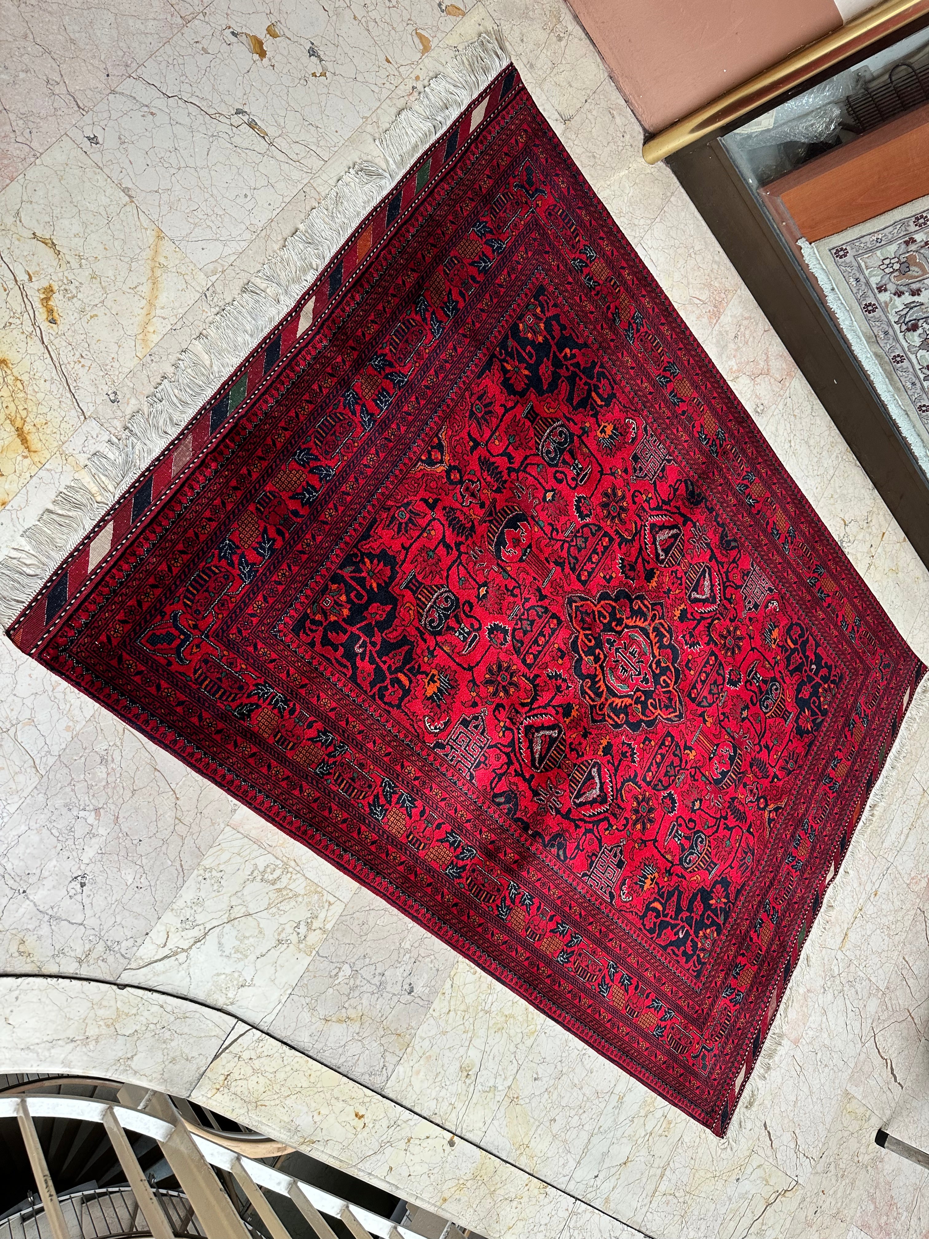 Afghan Bilicik Rug – Hand-Knotted Wool Carpet 202x151cm (6.6x5ft), Red Geometric Zirikhaki Design One of a Kind