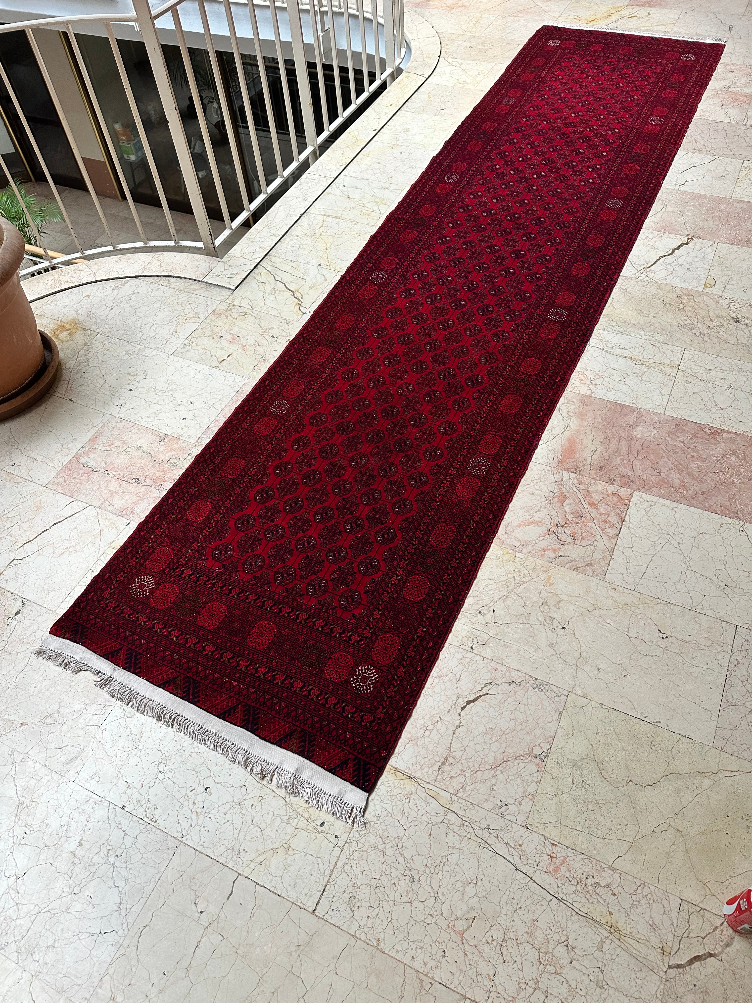 Afghan Tagab Runner Rug – Hand-Knotted Wool Carpet 390x91cm (12.8x3ft), Red Geometric Oriental One of a Kind
