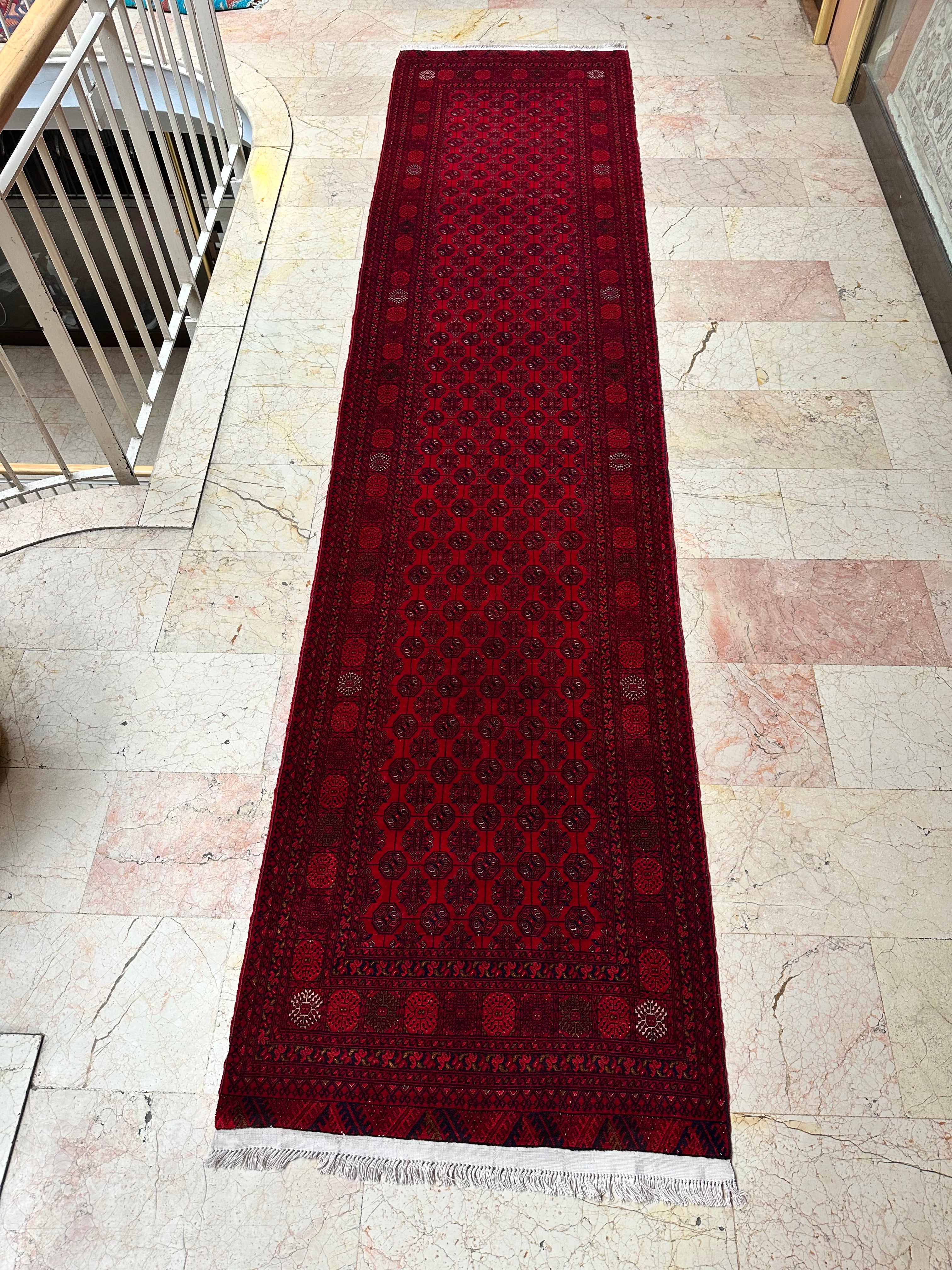 Afghan Tagab Runner Rug – Hand-Knotted Wool Carpet 390x91cm (12.8x3ft), Red Geometric Oriental One of a Kind