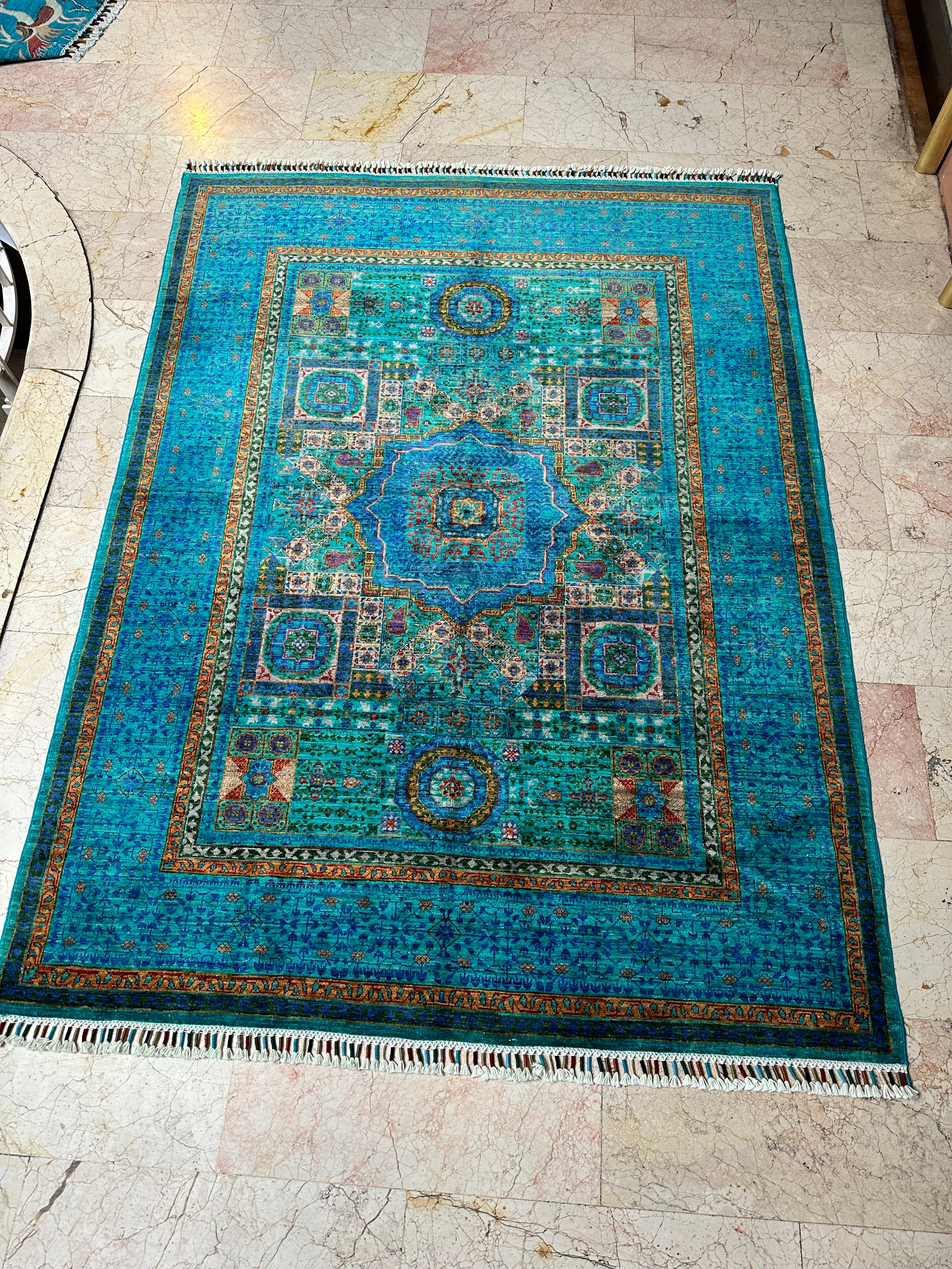 Afghan Mumluk Rug – Hand-Knotted Wool Carpet 207x154cm (6.8x5ft), Turquoise Geometric Oriental One of a Kind