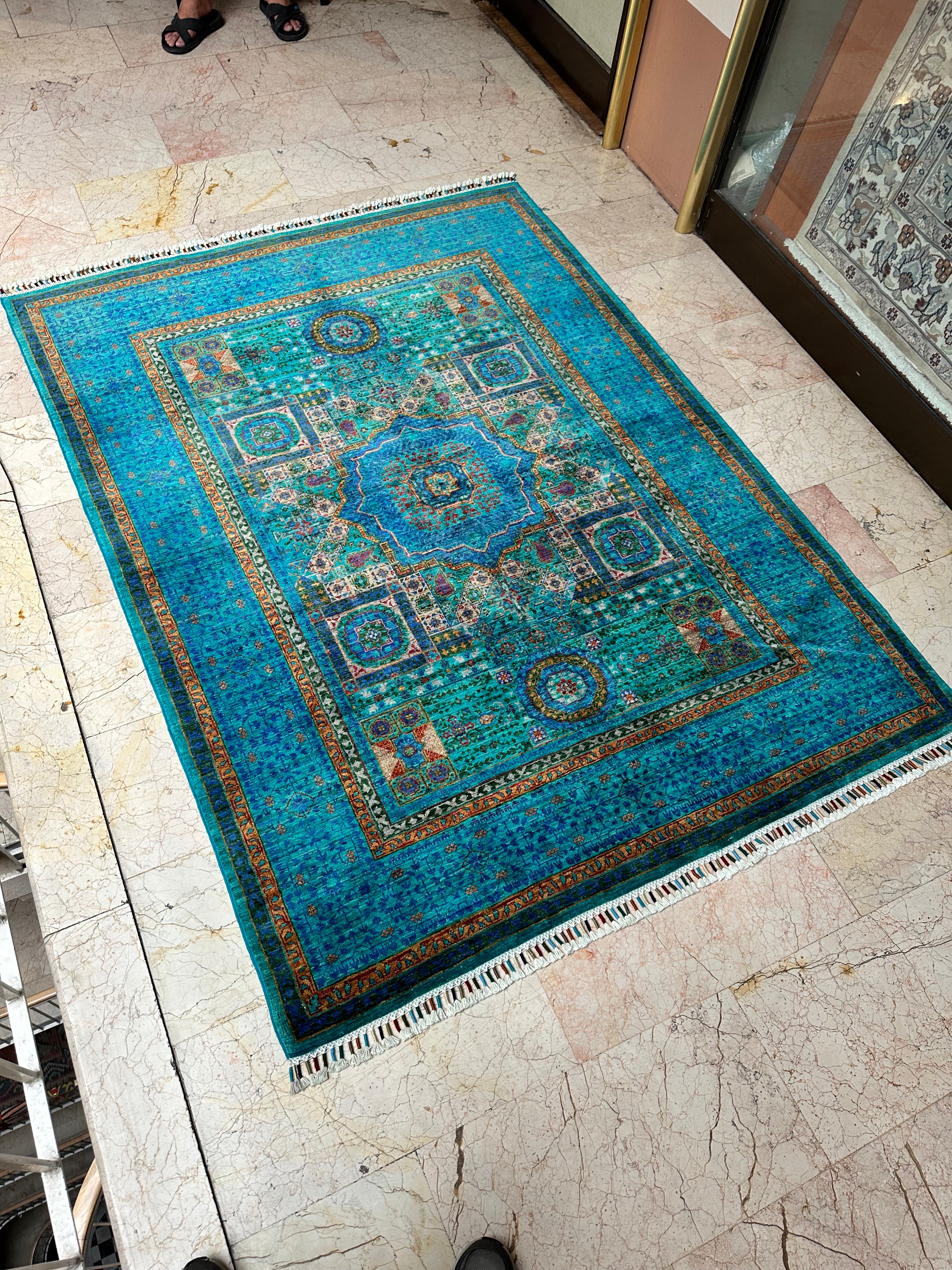 Afghan Mumluk Rug – Hand-Knotted Wool Carpet 207x154cm (6.8x5ft), Turquoise Geometric Oriental One of a Kind
