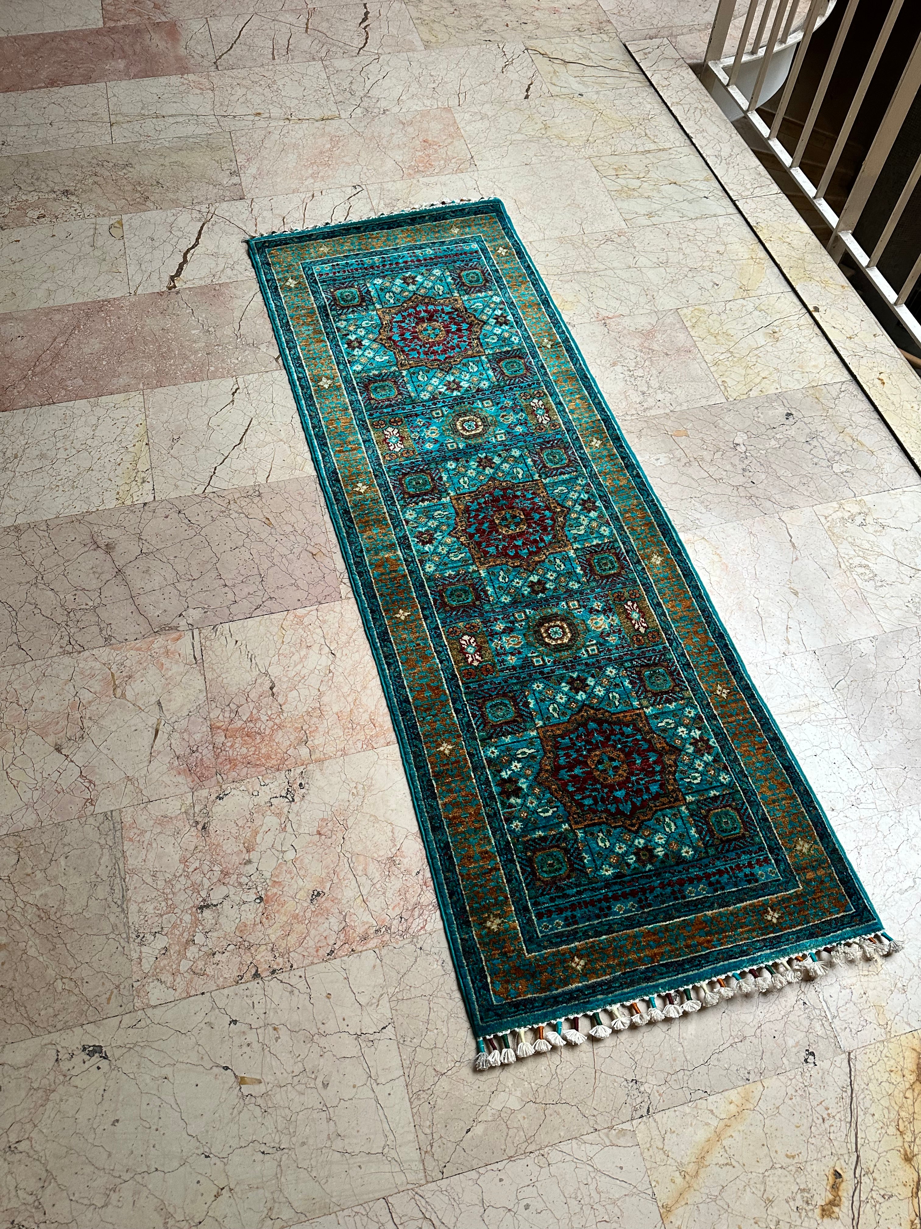 Turquoise Memluk Runner Rug – Hand-Knotted Wool Carpet 182x64cm (6x2ft), Turquoise Geometric Oriental One of a Kind