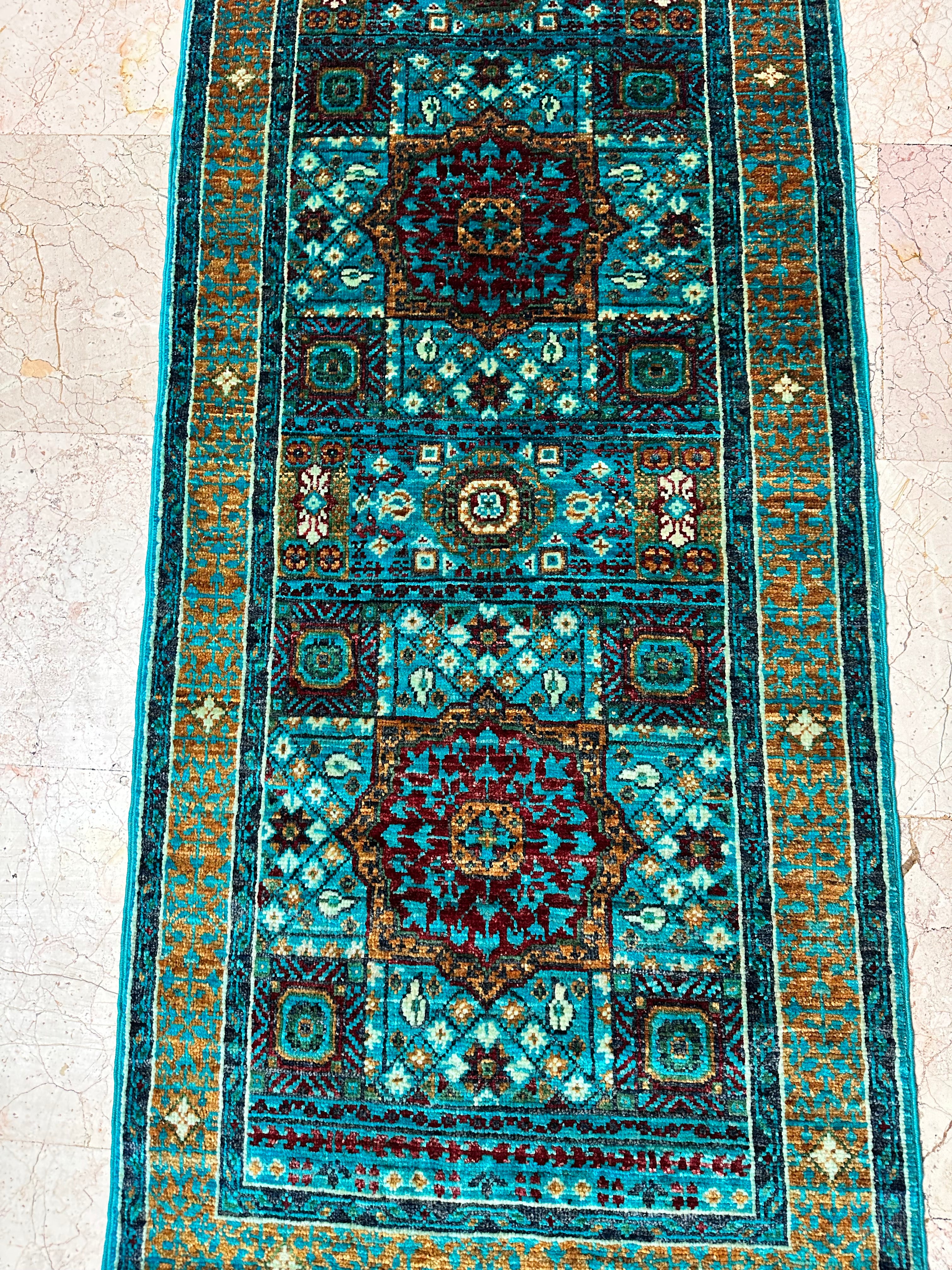 Turquoise Memluk Runner Rug – Hand-Knotted Wool Carpet 182x64cm (6x2ft), Turquoise Geometric Oriental One of a Kind