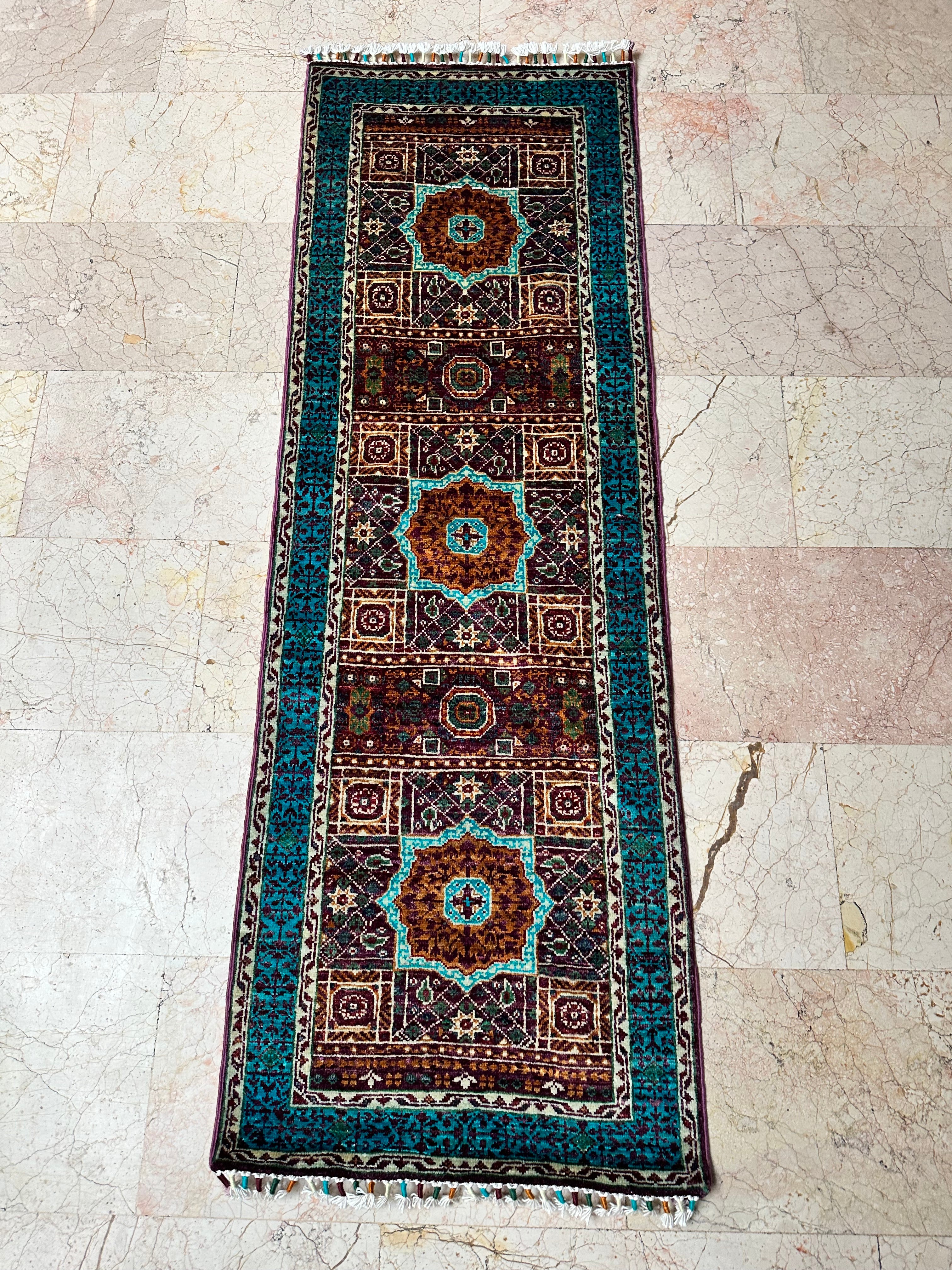 Small Afghan Rug – Mumluk Wool Runner 183x61cm, Hand-Knotted 40/40 Quality, Geometric Corridor Carpet