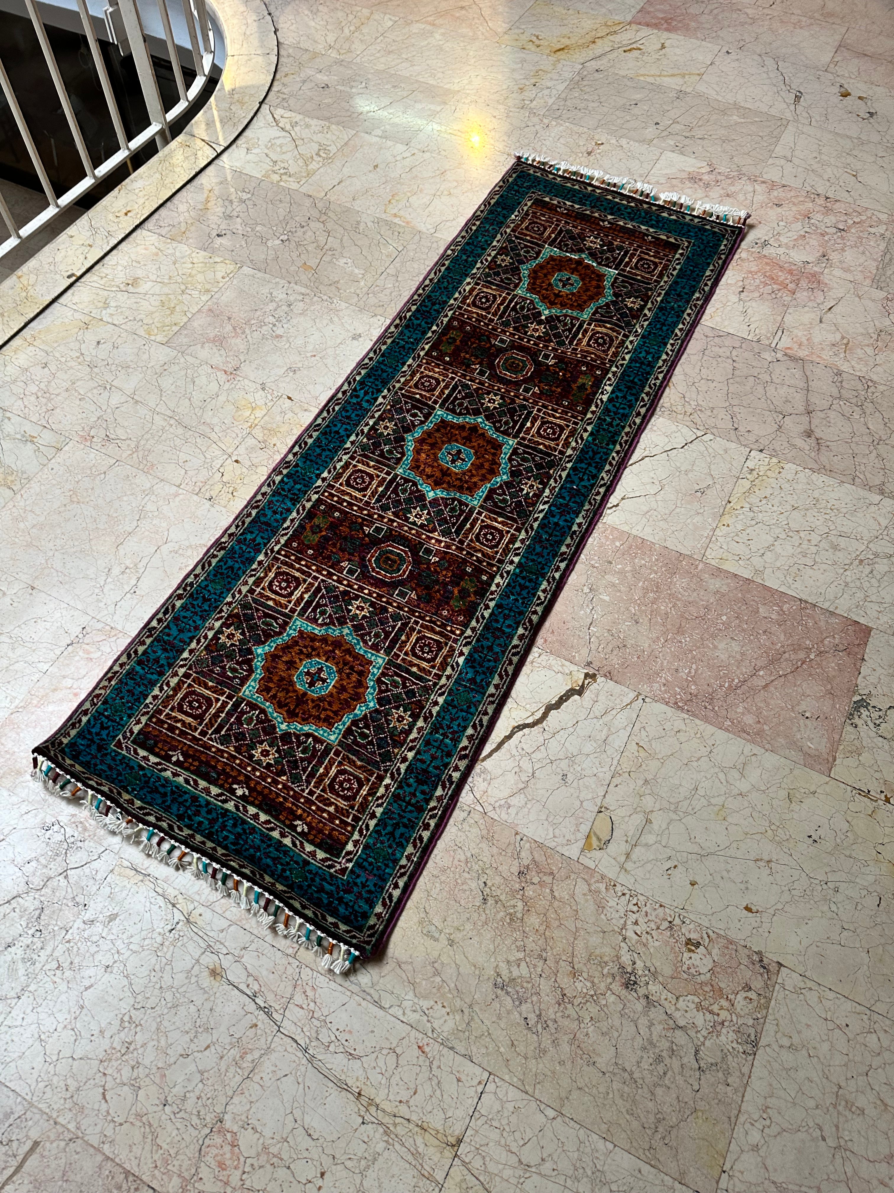 Small Afghan Rug – Mumluk Wool Runner 183x61cm, Hand-Knotted 40/40 Quality, Geometric Corridor Carpet