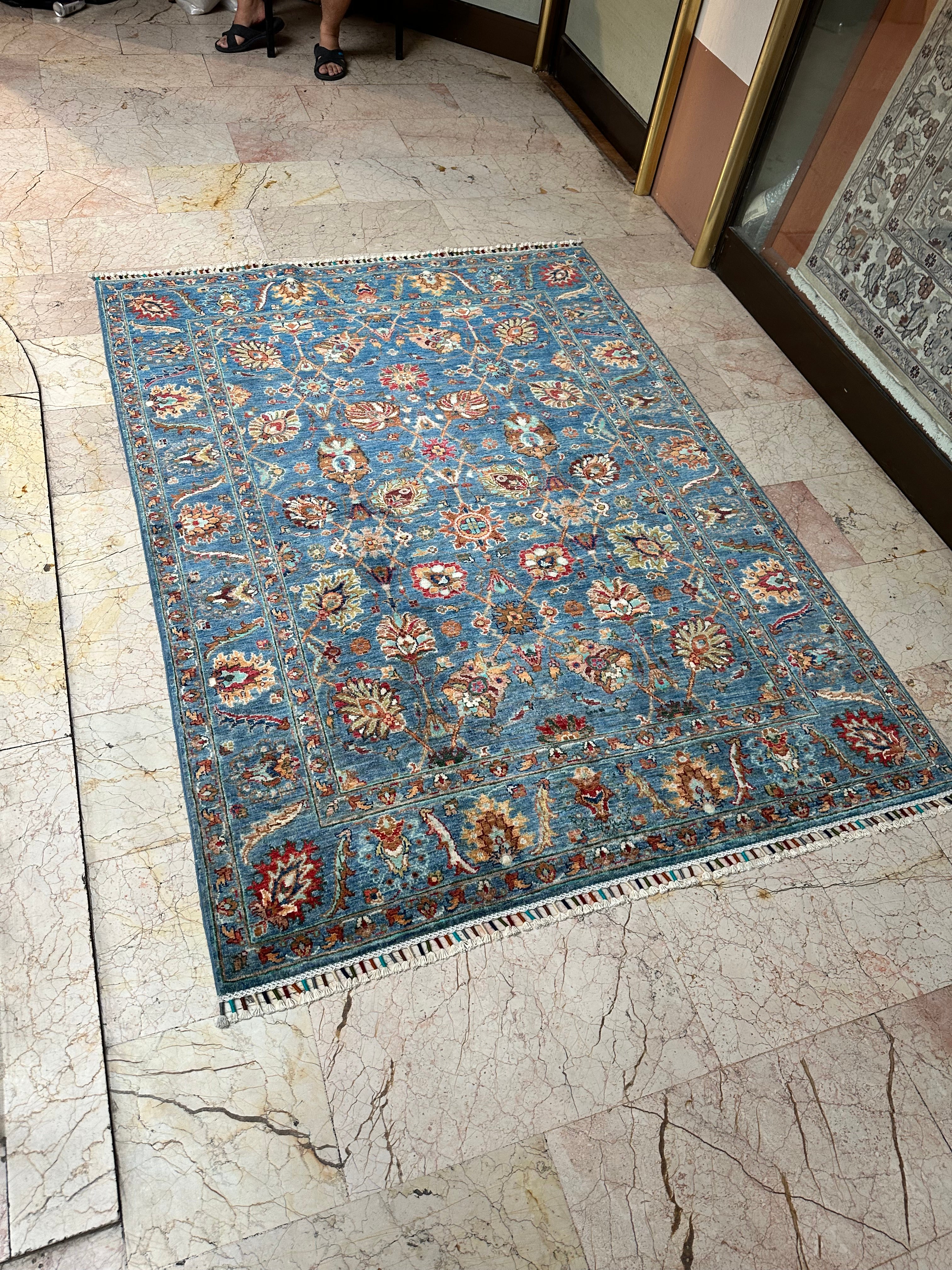 Sultani Turquoise Rug – Hand-Knotted Wool Carpet 202x150cm (6.6x5ft), Traditional Floral Oriental One of a Kind