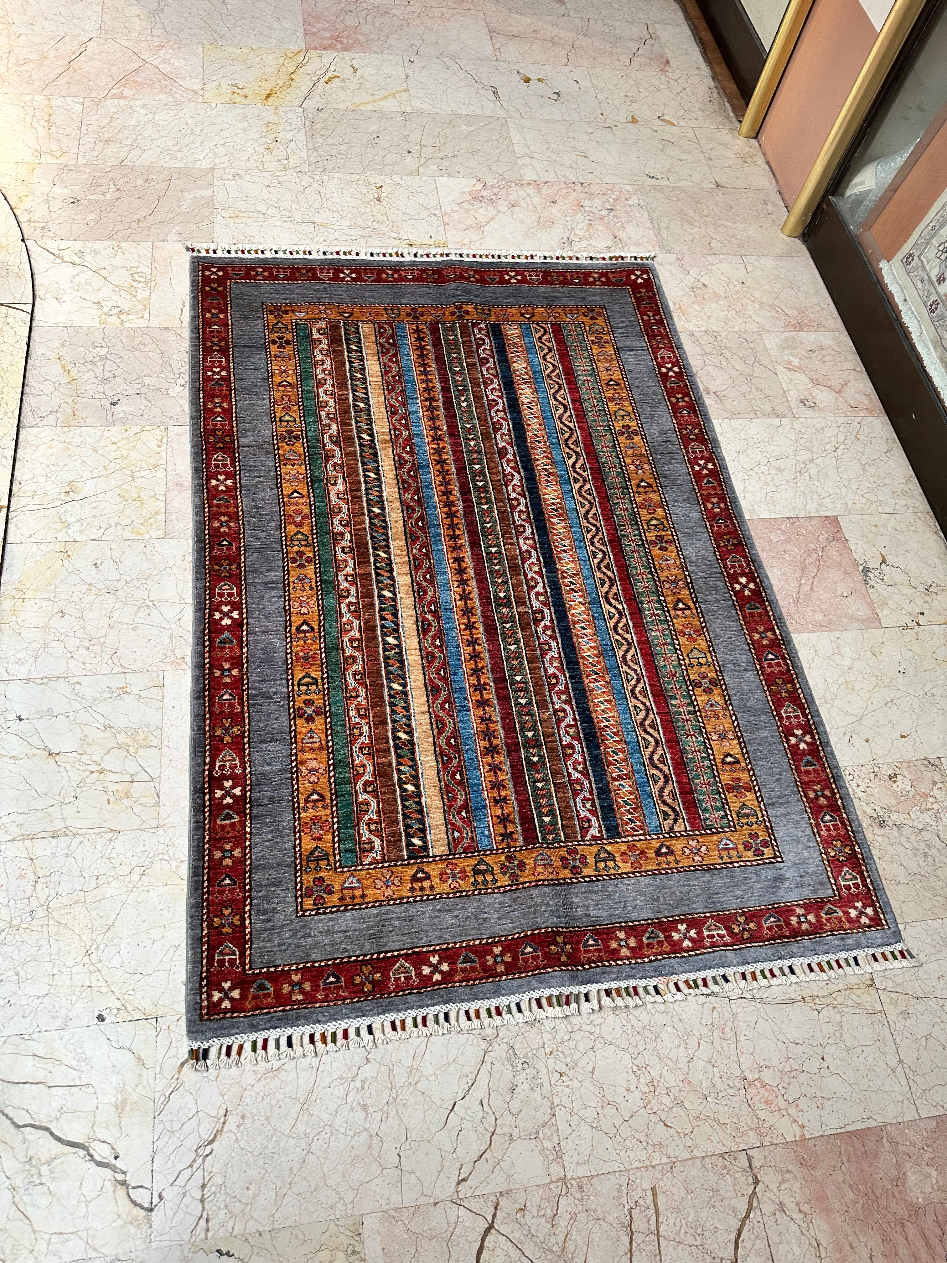 Afghan Sultani Rug – Hand-Knotted Wool Carpet 180x123cm (6x4ft), Shawl Pattern Striped Oriental One of a Kind