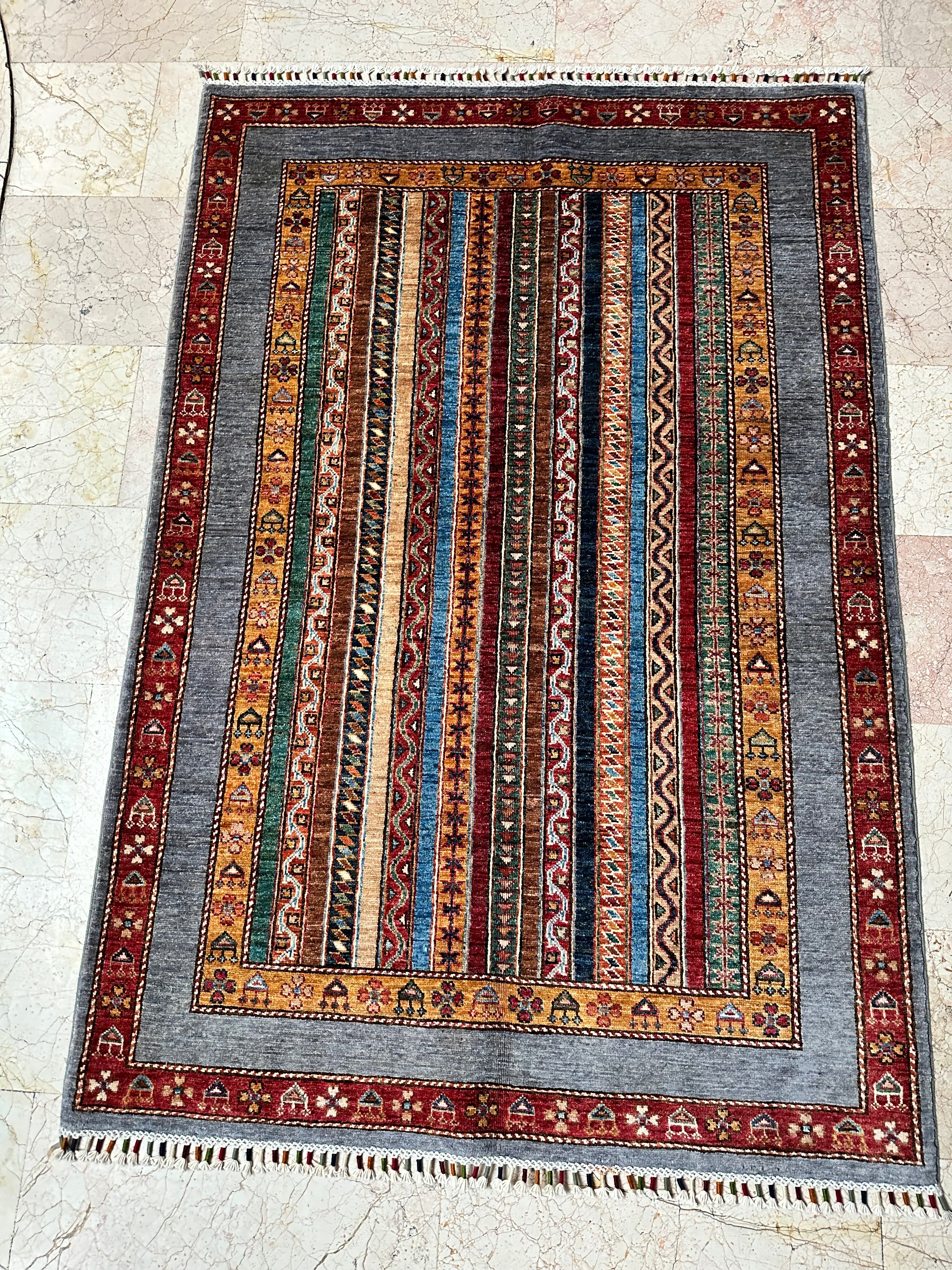 Afghan Sultani Rug – Hand-Knotted Wool Carpet 180x123cm (6x4ft), Shawl Pattern Striped Oriental One of a Kind