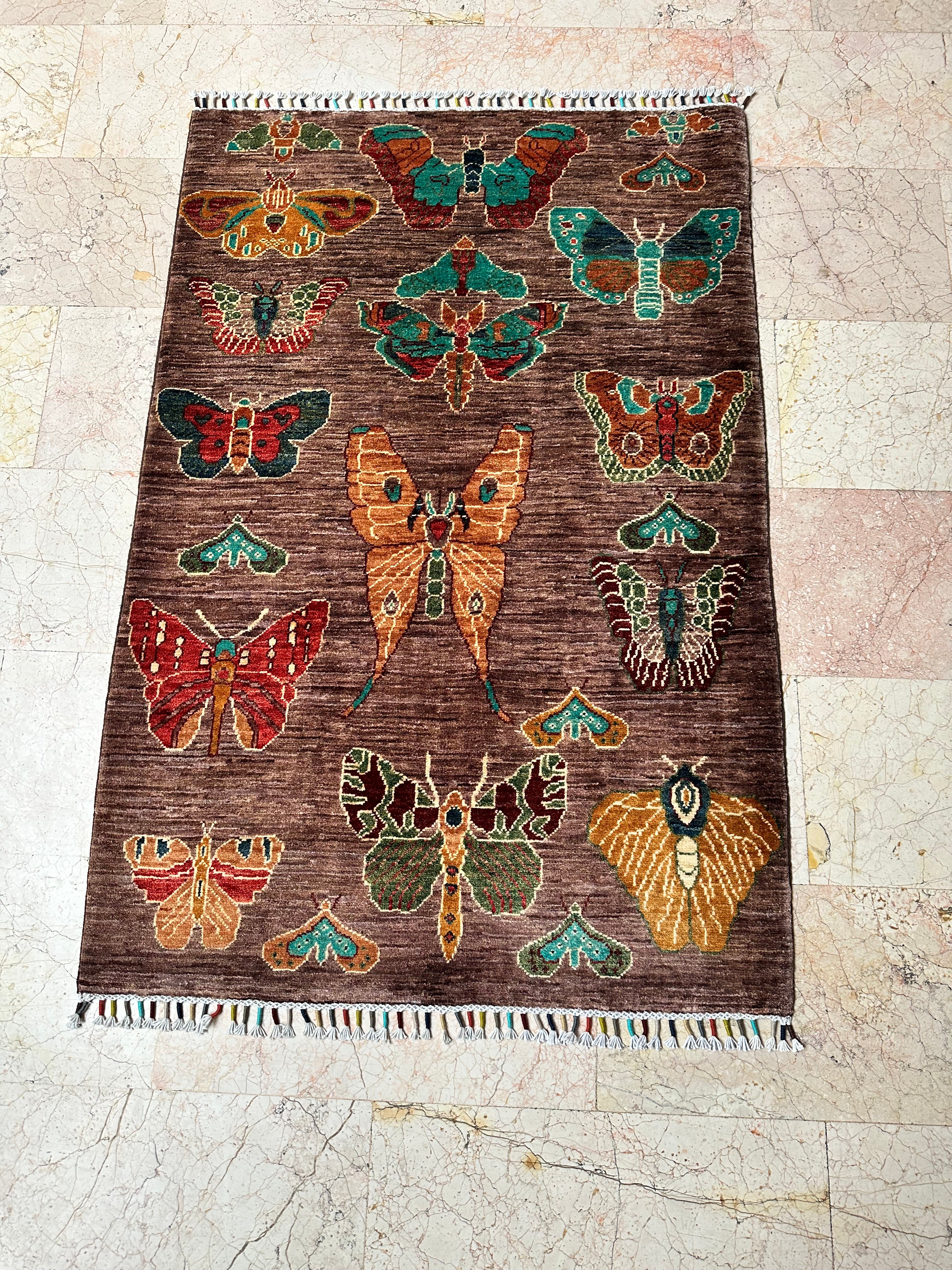 Afghan Sultani Butterfly Rug – Hand-Knotted Wool Carpet 144x100cm (4.7x3.3ft), Unique Oriental One of a Kind