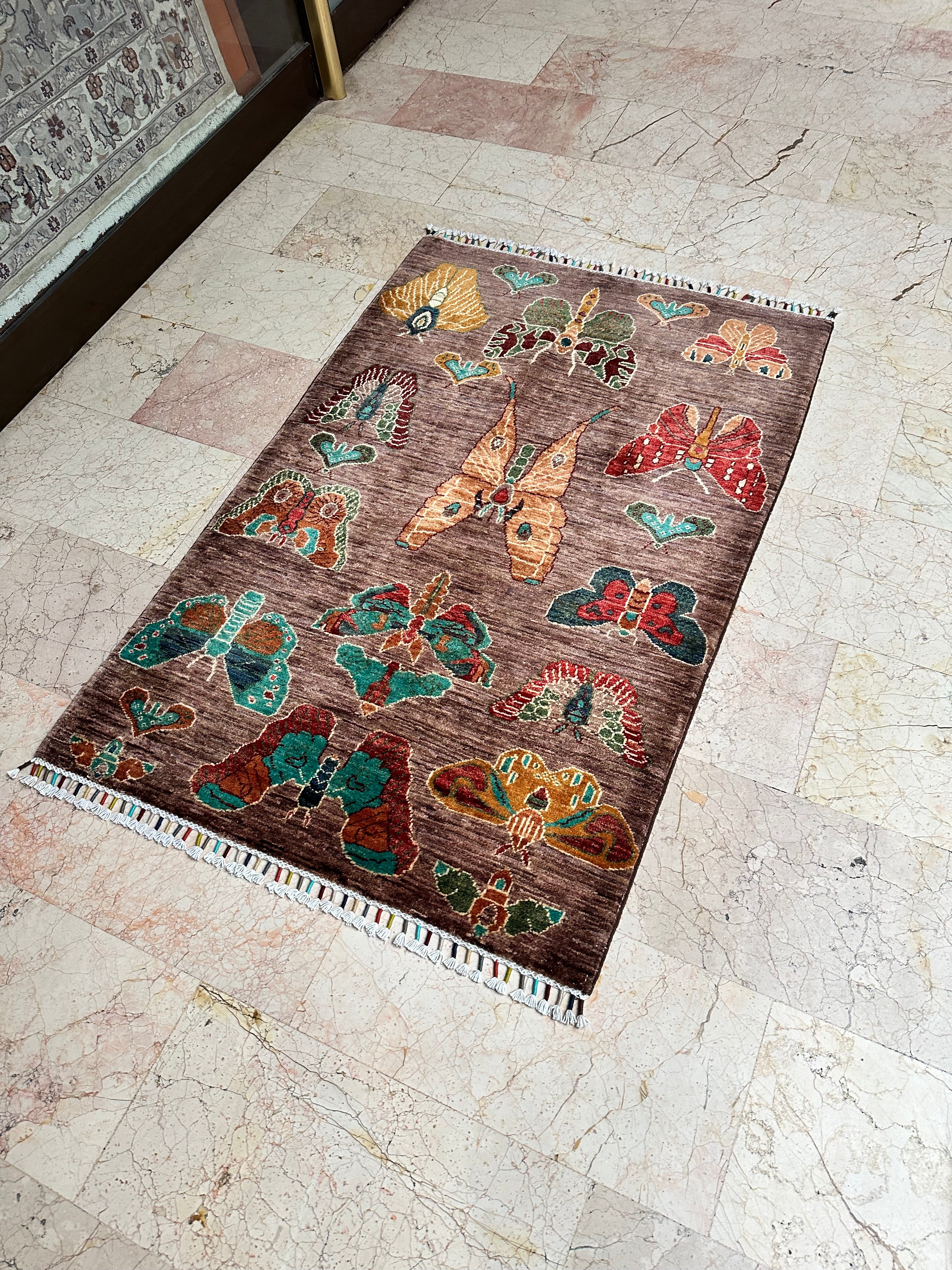 Afghan Sultani Butterfly Rug – Hand-Knotted Wool Carpet 144x100cm (4.7x3.3ft), Unique Oriental One of a Kind