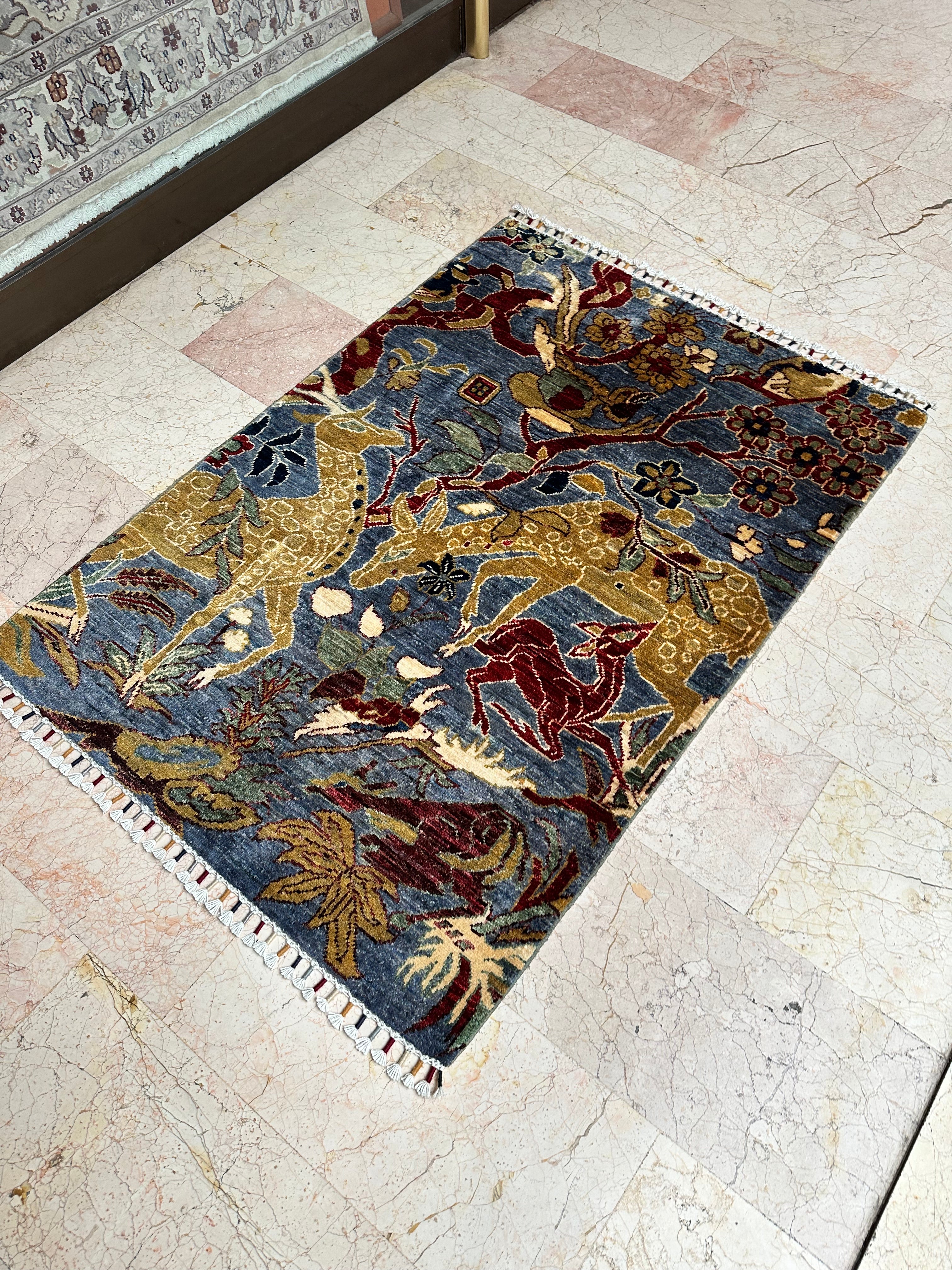 Afghan Animal Design Rug – Hand-Knotted Wool Carpet 148x105cm (4.8x3.4ft), Pictorial Oriental One of a Kind