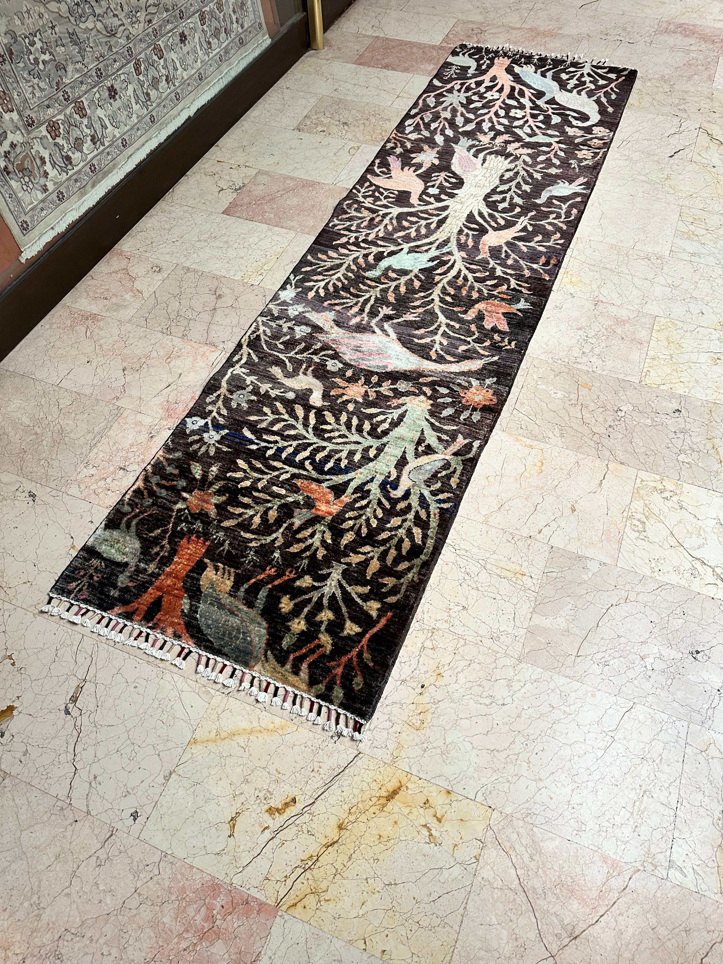 Afghan Bird Design Runner Rug – Hand-Knotted Wool Carpet 298x81cm (9.8x2.6ft), Pictorial Oriental One of a Kind