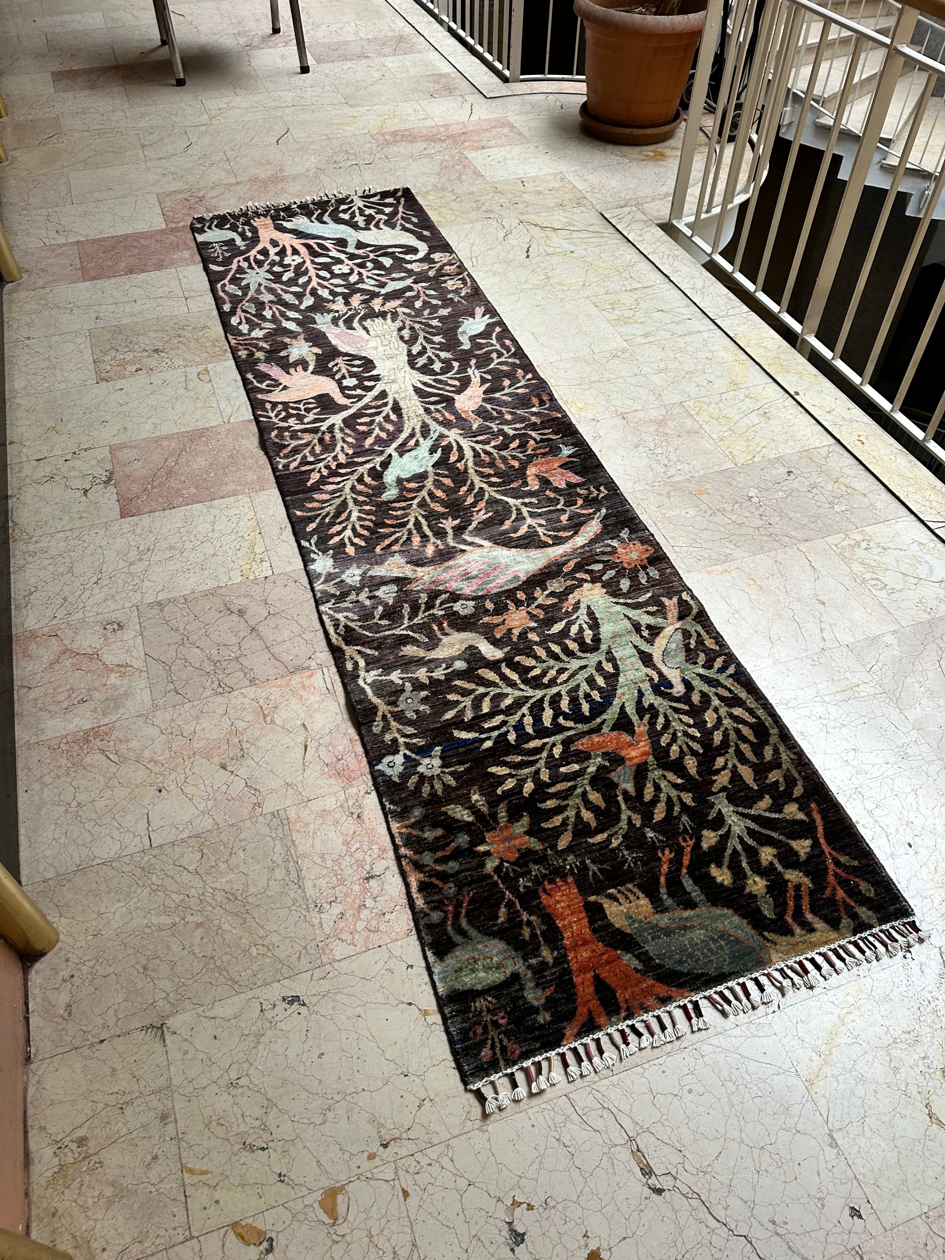 Afghan Bird Design Runner Rug – Hand-Knotted Wool Carpet 298x81cm (9.8x2.6ft), Pictorial Oriental One of a Kind