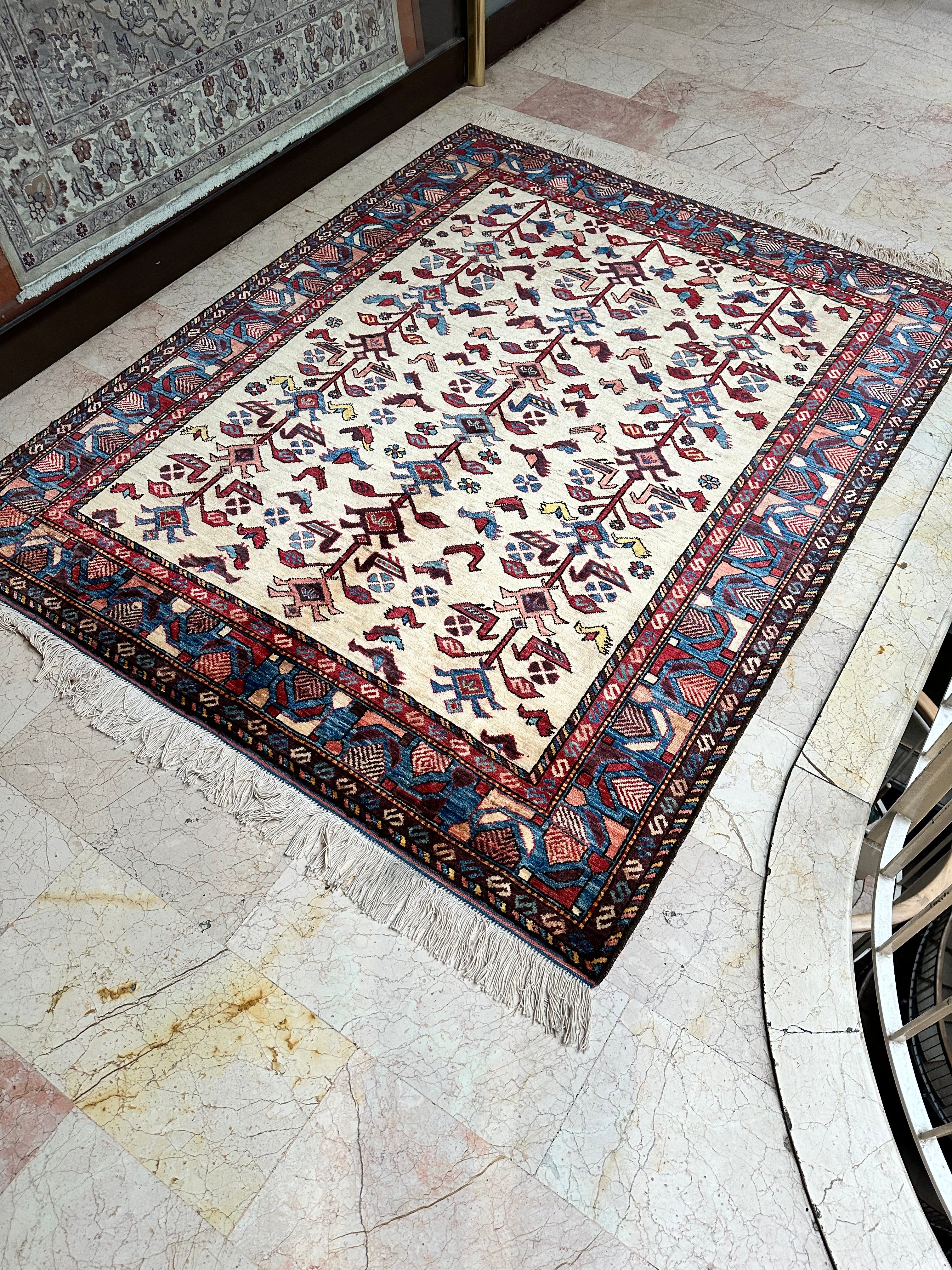 Afghan Qashqai Avsar Rug – Hand-Knotted Wool Carpet 224x178cm (7.3x5.8ft), Tree of Life Design, One of a Kind