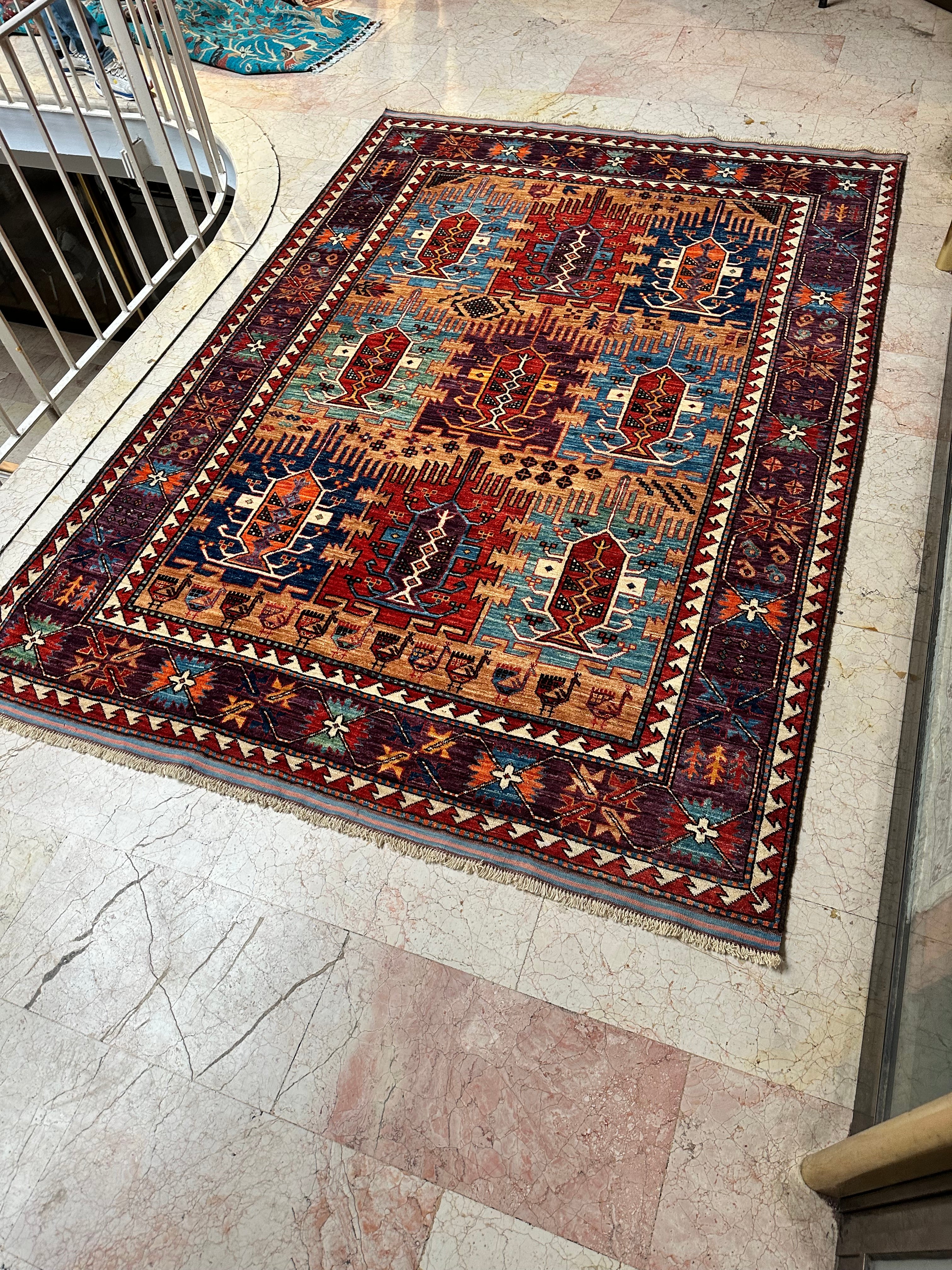 Afghan Avsar Qashqai Rug – Hand-Knotted Wool Carpet 248x179cm (8.1x5.9ft), Geometric Tribal Design, One of a Kind