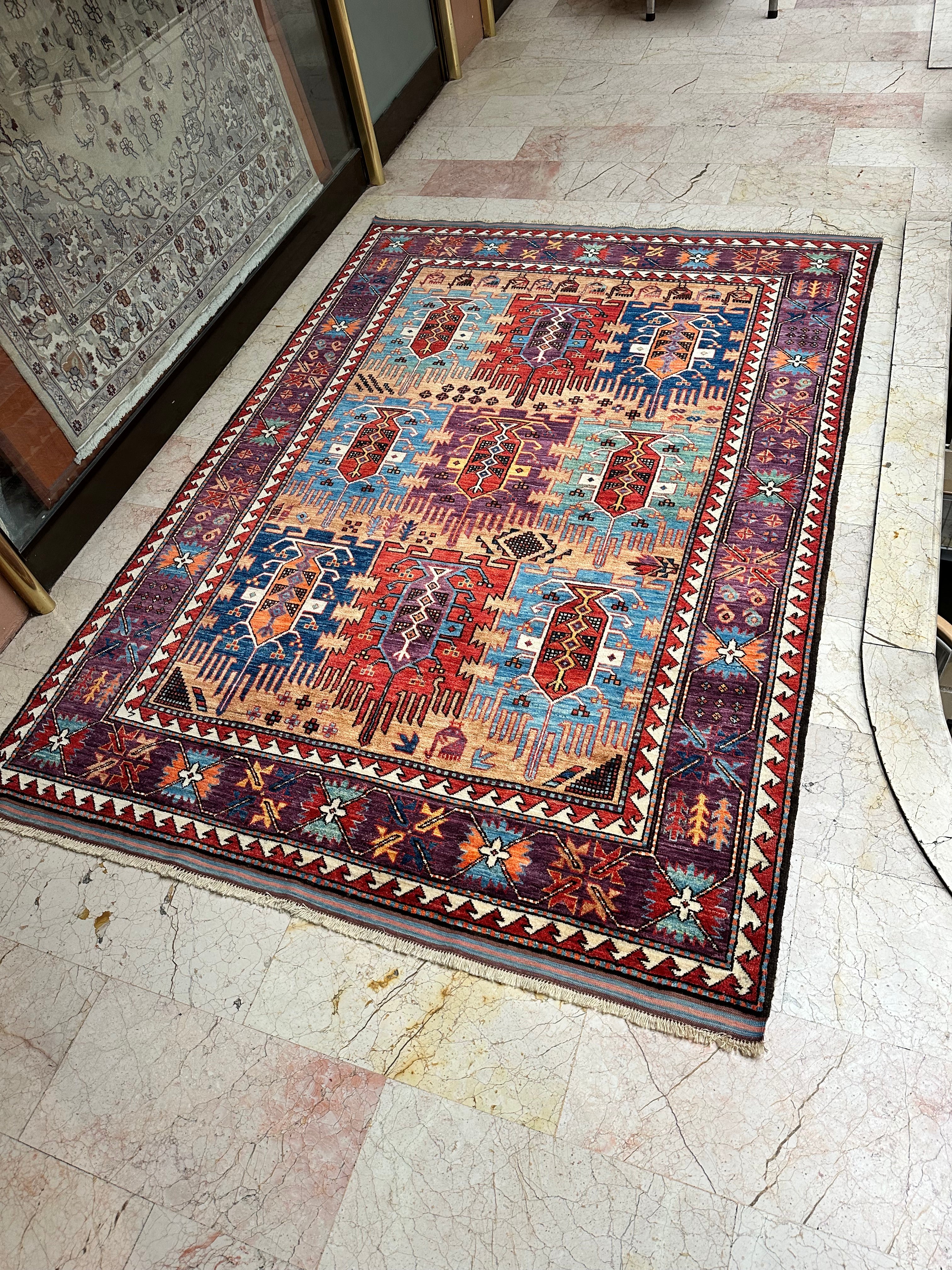 Afghan Avsar Qashqai Rug – Hand-Knotted Wool Carpet 248x179cm (8.1x5.9ft), Geometric Tribal Design, One of a Kind