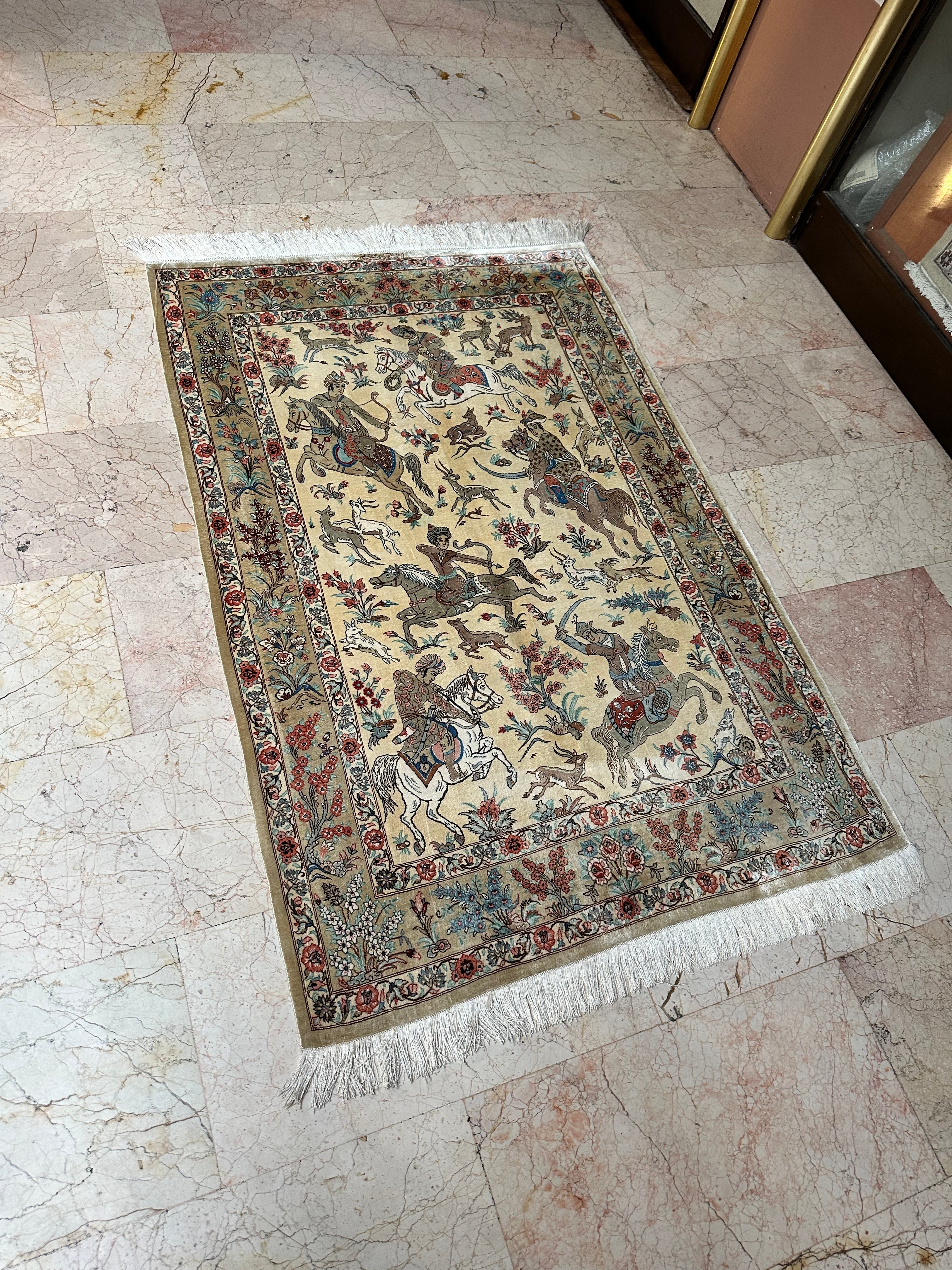 Qum Silk Rug – Hand-Knotted Persian Carpet 151x102cm (5x3.3ft), Hunting Scene Design, 100/100 Quality, Rare Collectible
