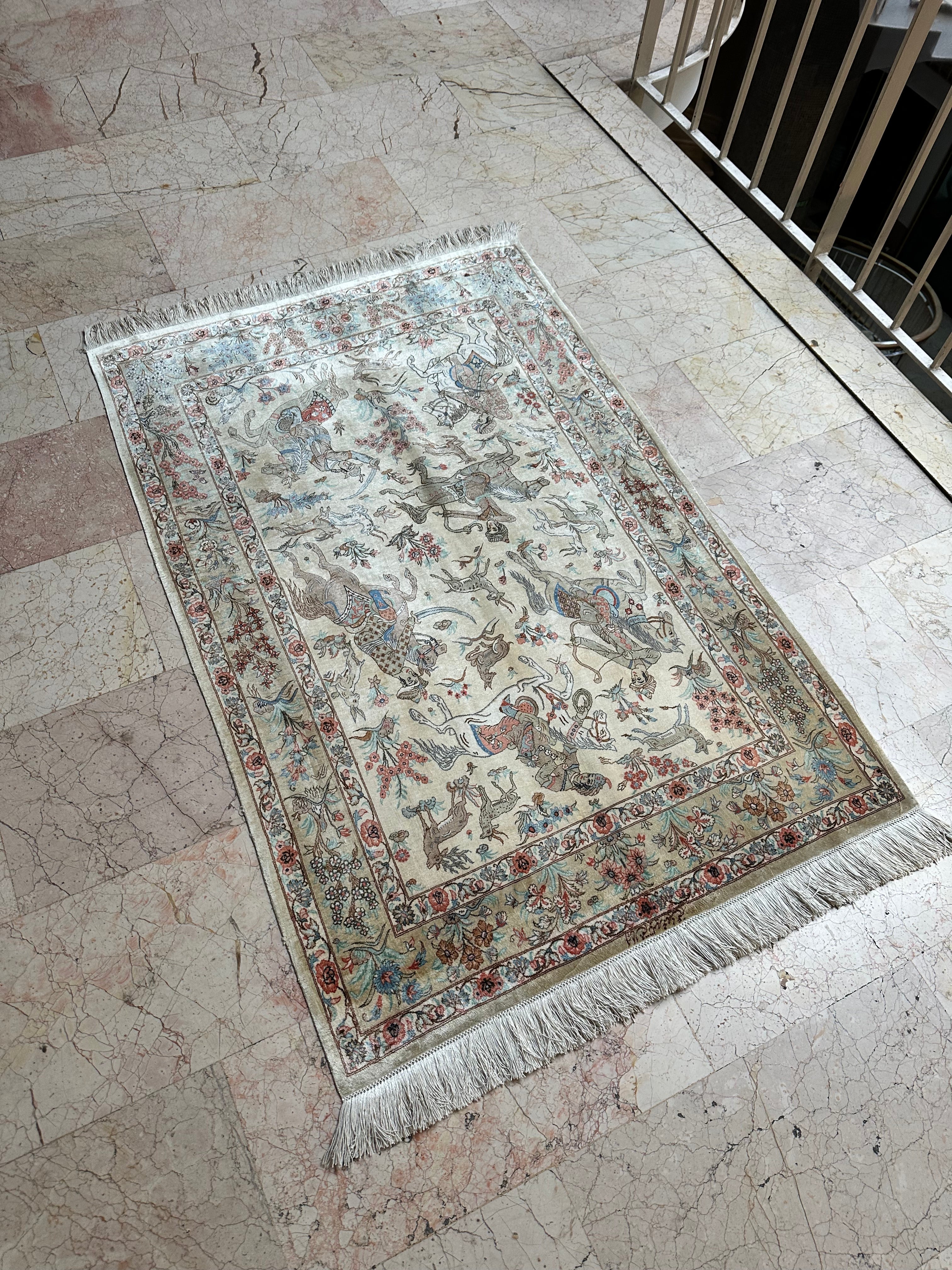 Qum Silk Rug – Hand-Knotted Persian Carpet 151x102cm (5x3.3ft), Hunting Scene Design, 100/100 Quality, Rare Collectible