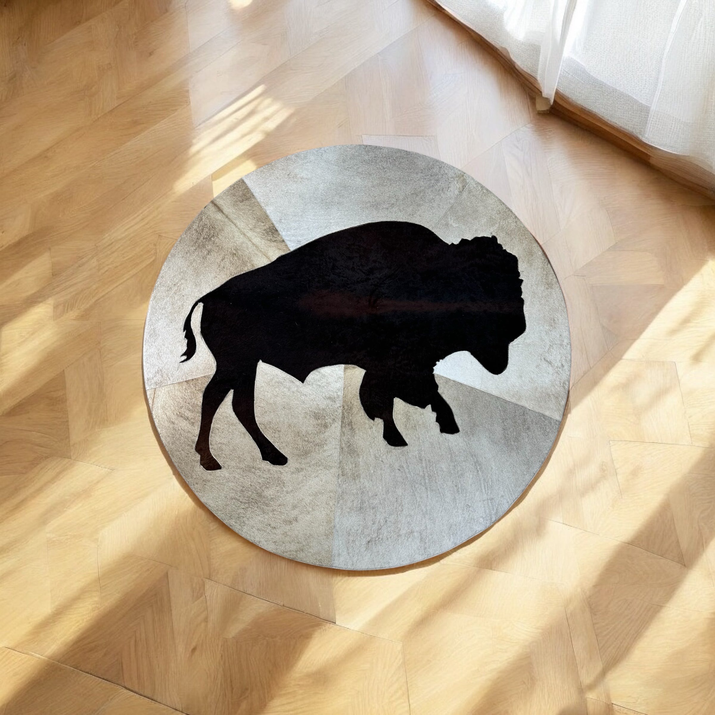 Round cowhide buffalo rug detail