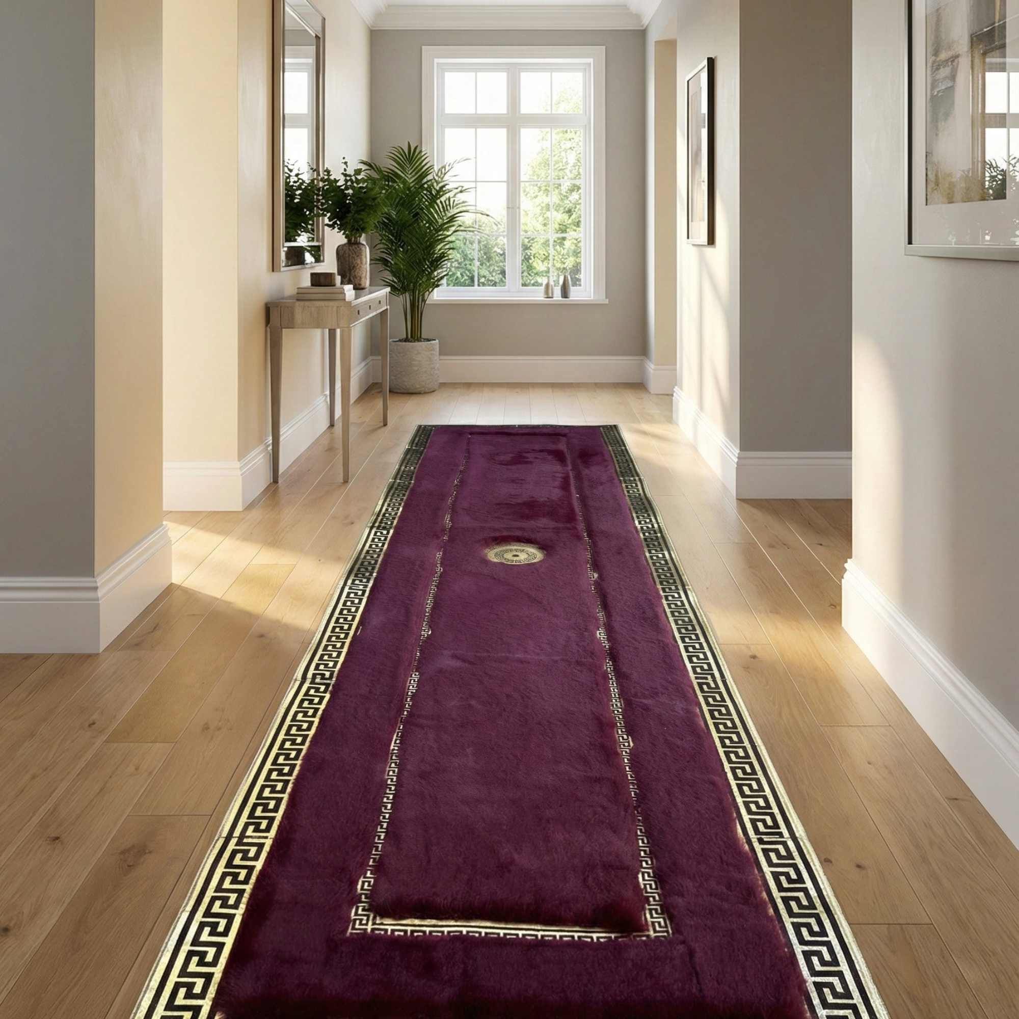 Burgundy Plush Runner Rug – Gold Accent Detailing, Ultra-Soft Texture, Non-Slip Backing, Custom Sizes Available